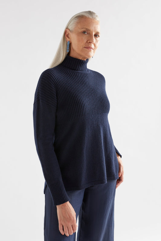 Ailda Ribbed Organic Cotton and Merino Turtle Neck Sweater Model Side | NAVY