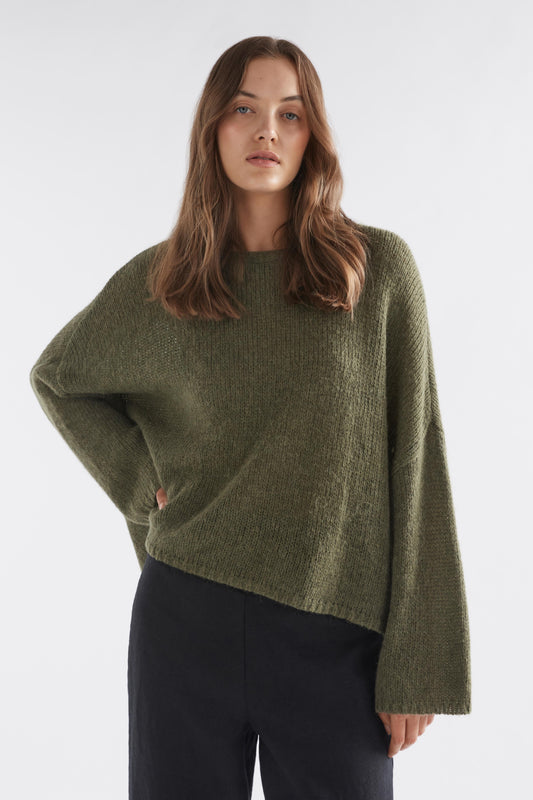 Agna Relaxed Box Fit Alpaca Yarn Knit Sweater Model Front | DARK OLIVE