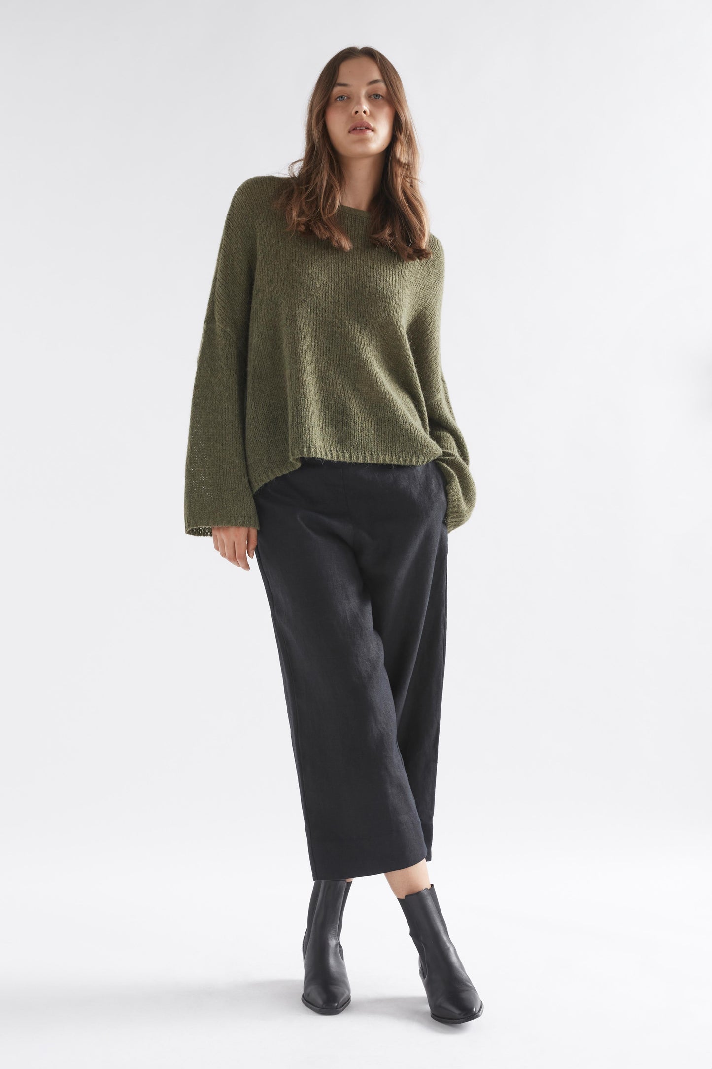 Agna Relaxed Box Fit Alpaca Yarn Knit Sweater Model Front full body | DARK OLIVE