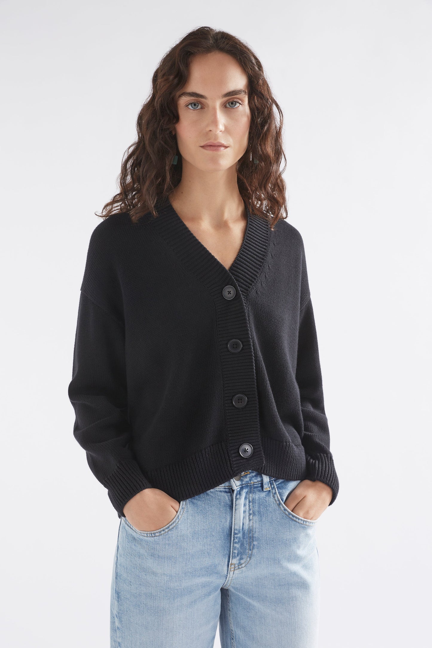Willow Organic Cotton Everyday Knit Cardigan Model Front | BLACK