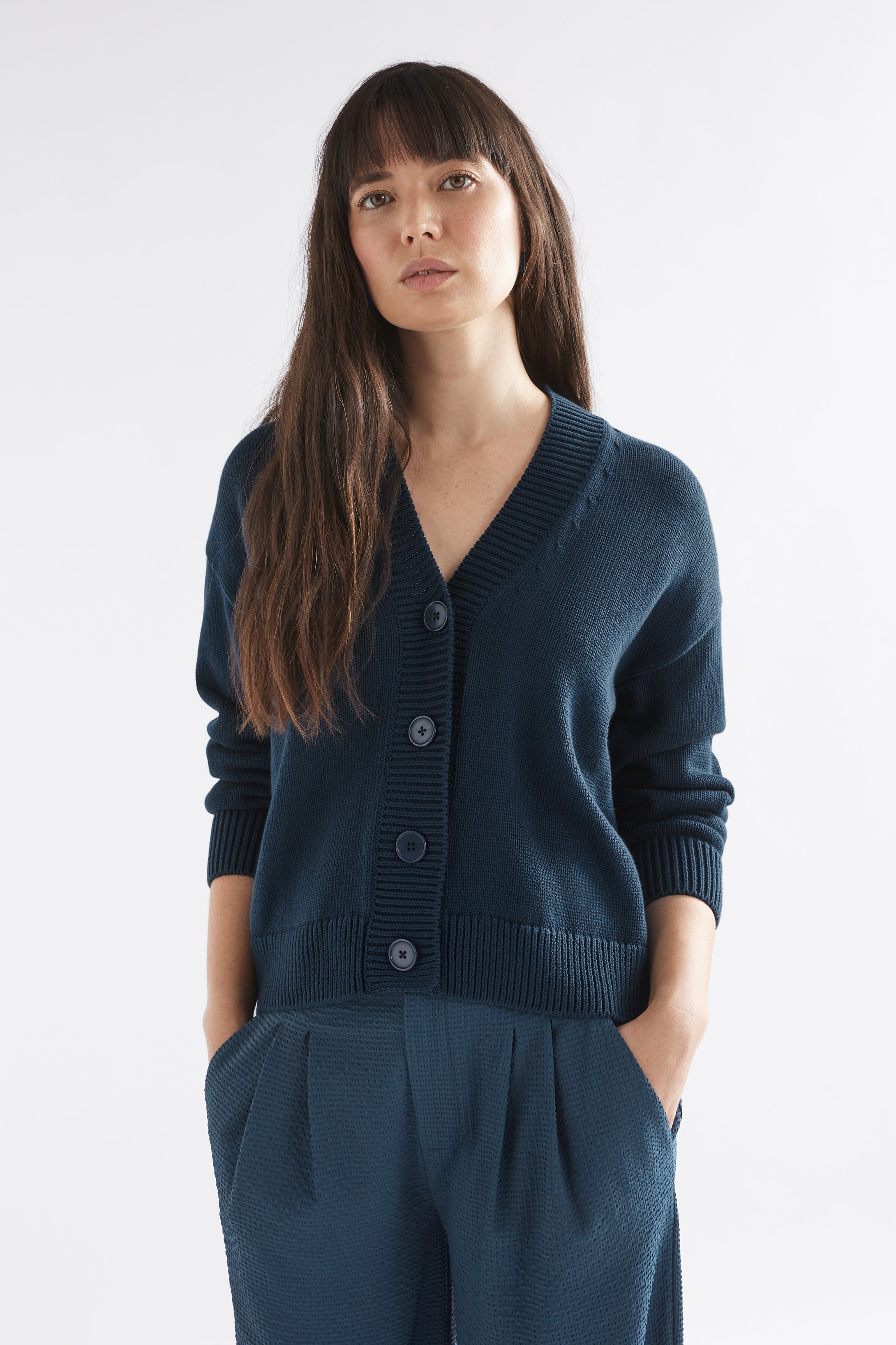 Willow Organic Cotton Everyday Knit Cardigan Model Front | DEEP SEA BLUE