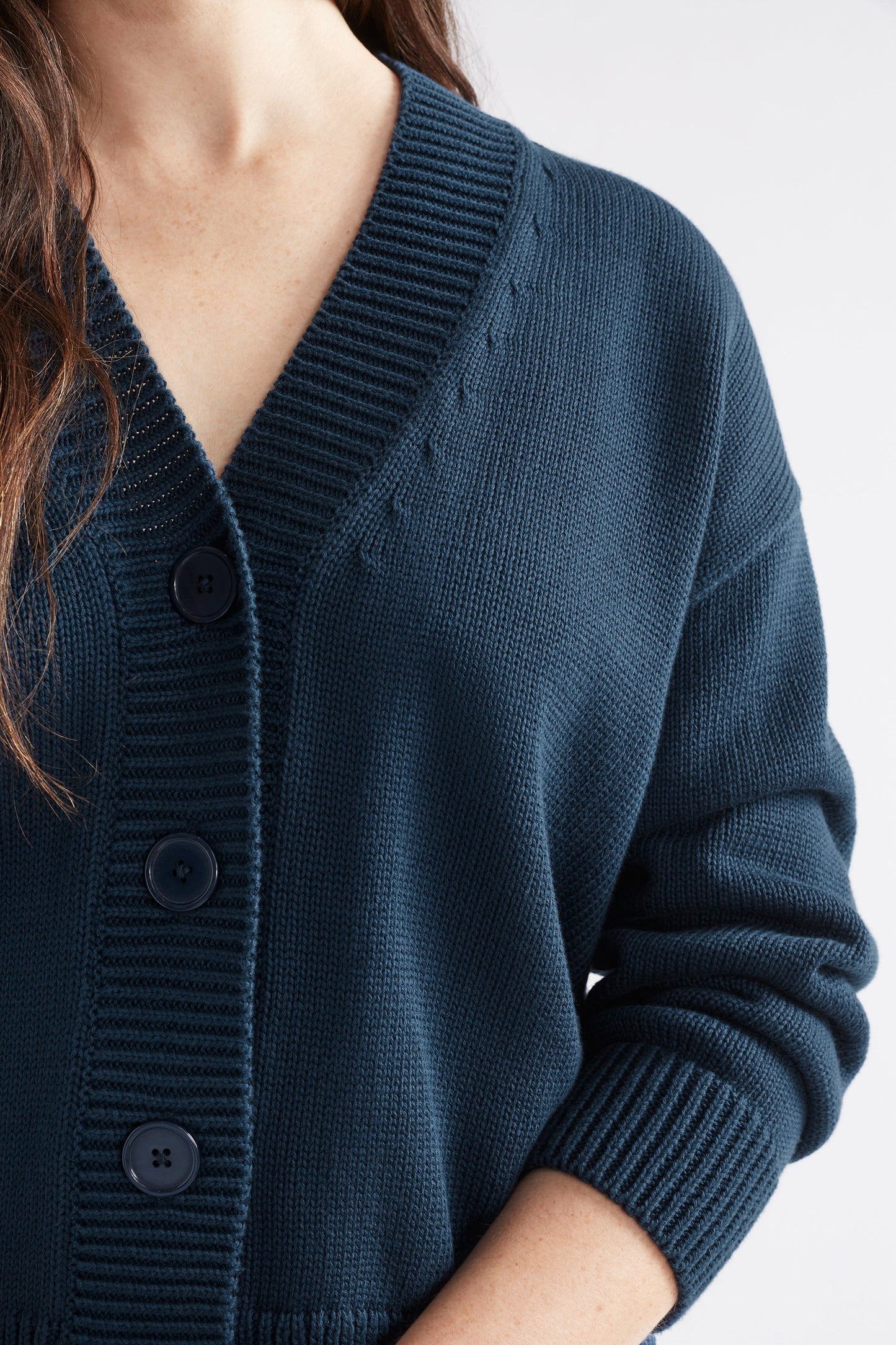Willow Organic Cotton Everyday Knit Cardigan Model Front Detail | DEEP SEA BLUE