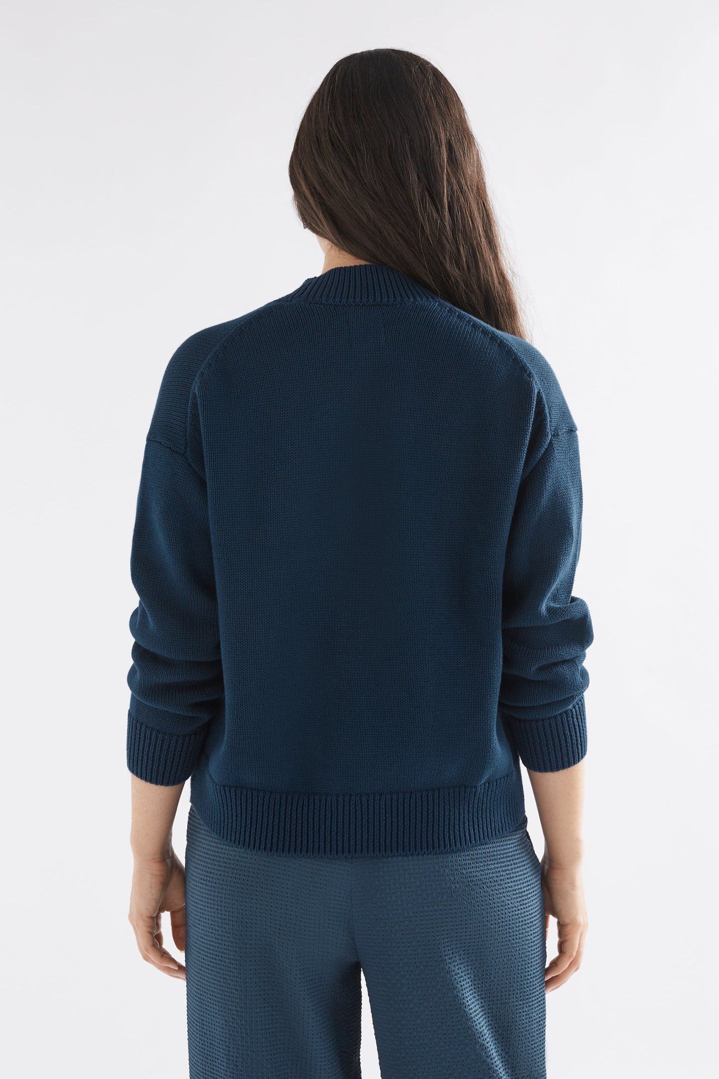 Willow Organic Cotton Everyday Knit Cardigan Model Back | DEEP SEA BLUE