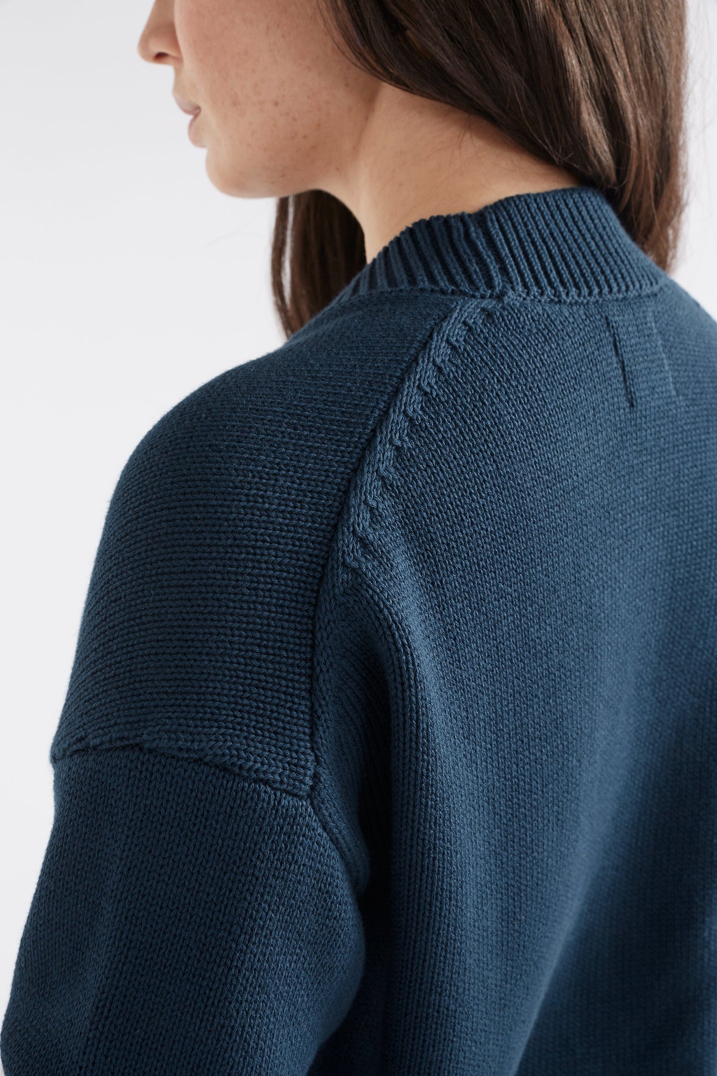 Willow Organic Cotton Everyday Knit Cardigan Model back detail | DEEP SEA BLUE