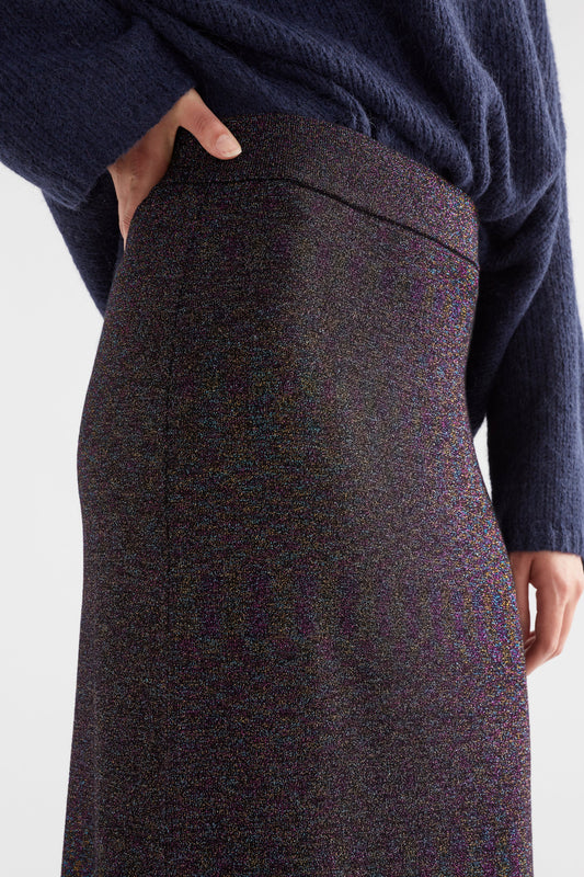 Galaxy Metallic Thread Knit Pencil Skirt Model Fabric Detail | BLACK MULTI METALLIC