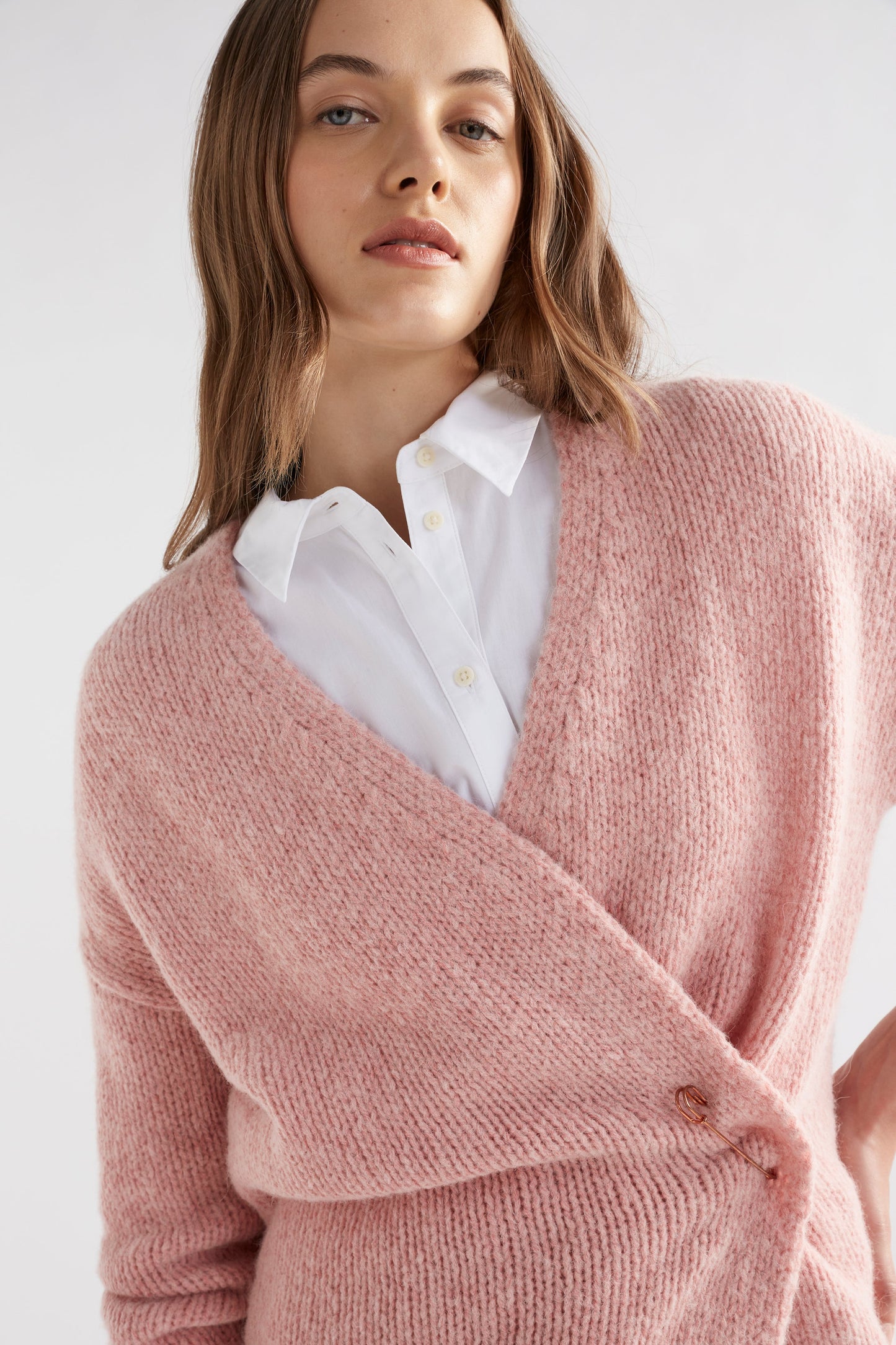 Alli Alpaca Merino Fluffy Wrap Cardigan with Large Safety Pin Closure model Front  detail | PINK SALT