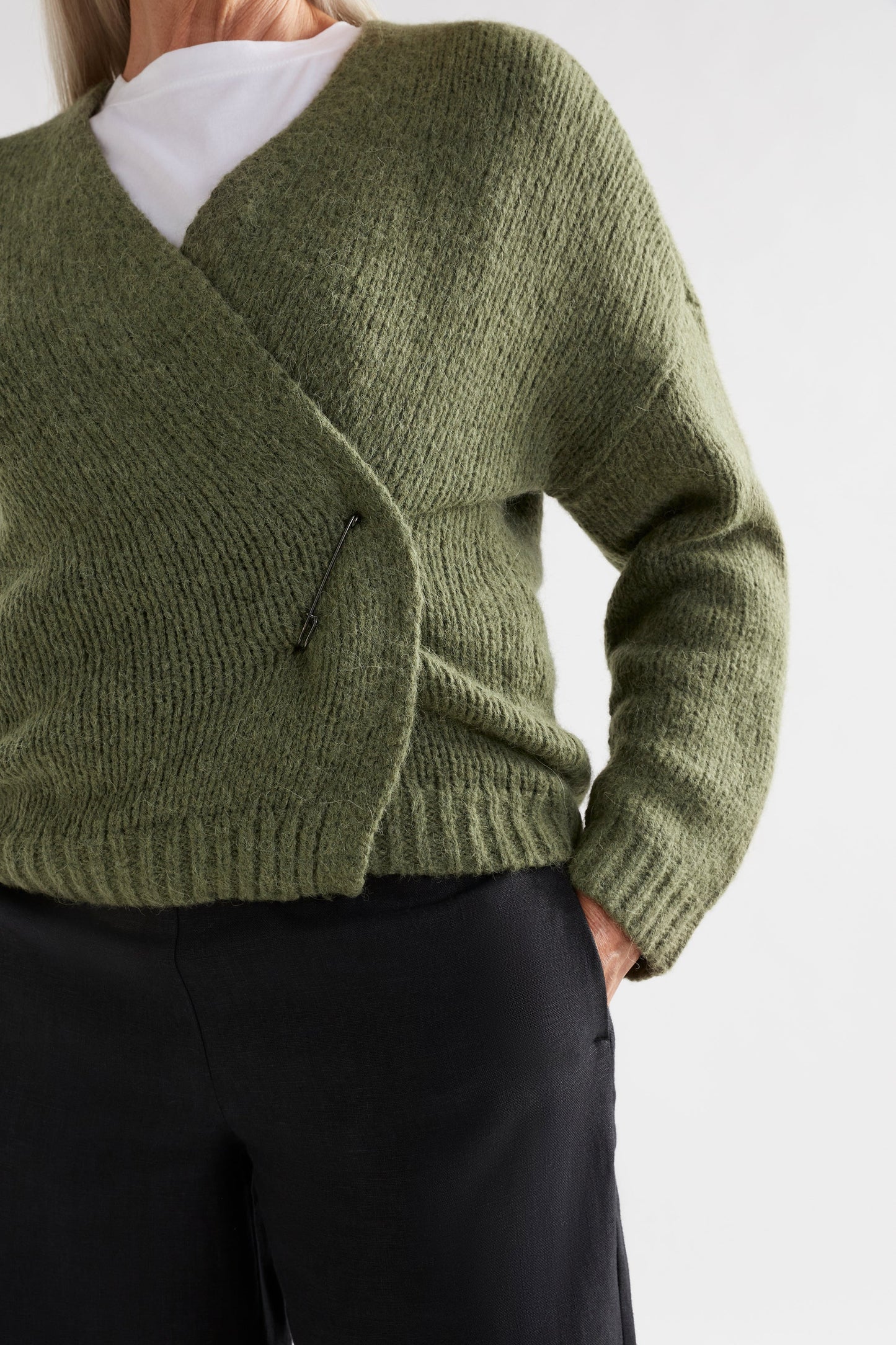 Alli Alpaca Merino Fluffy Wrap Cardigan with Large Safety Pin Closure model front detail | DARK OLIVE