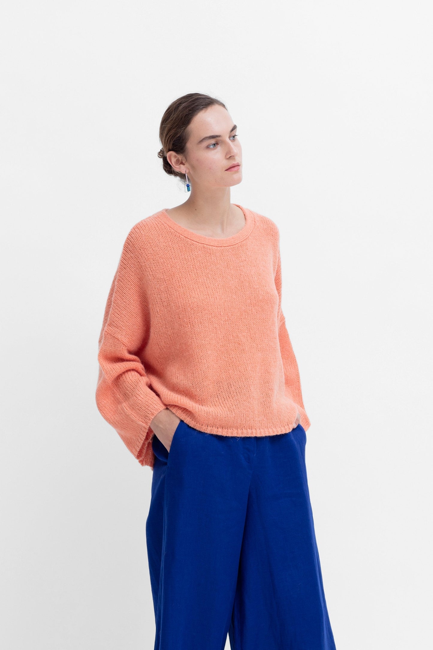 Agna Relaxed Boxy Fit Sweater Model Front Angled | Peach