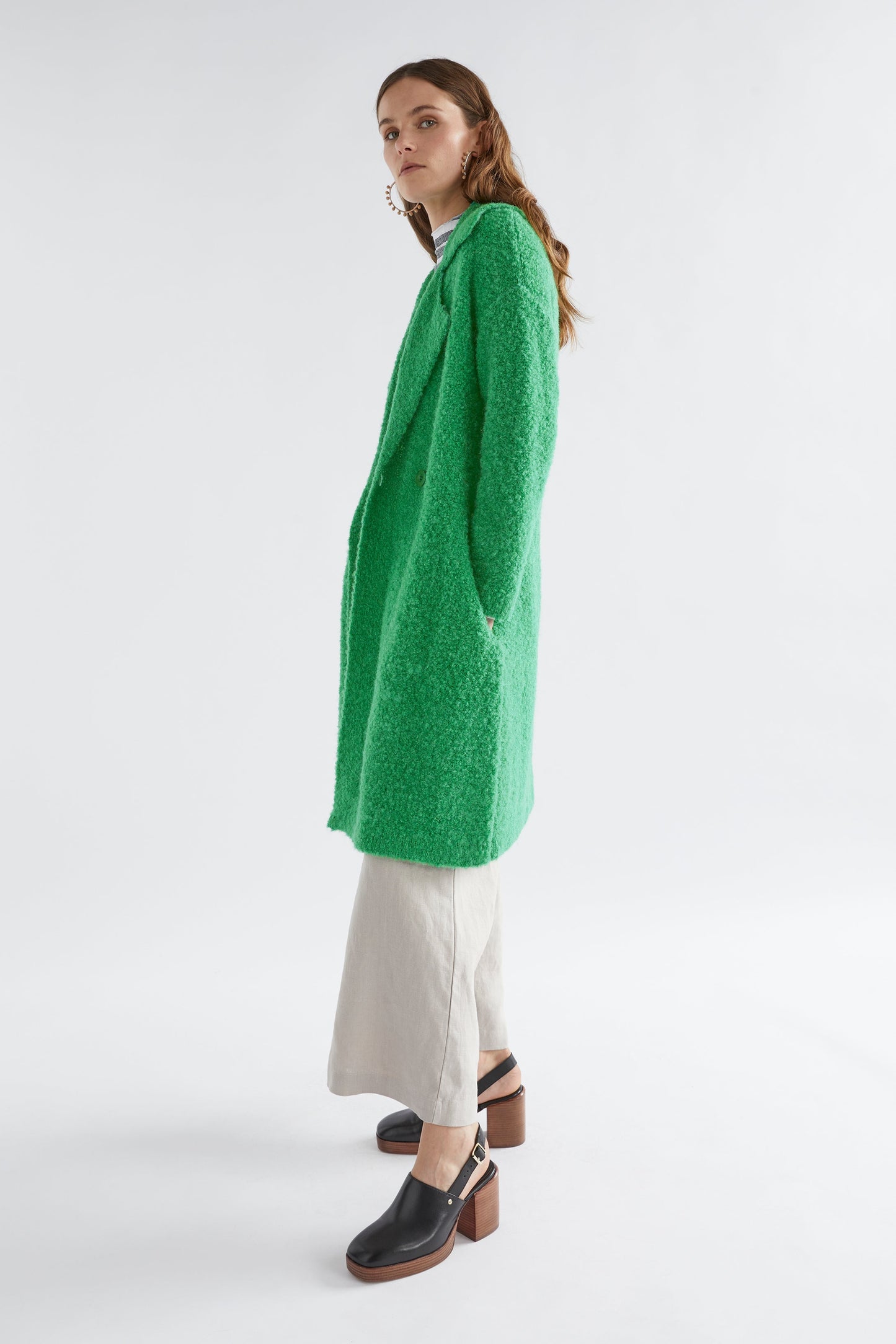 Tukko Wool Alpaca Boucle Double Breasted Coat Cardigan Model Side | IVY GREEN