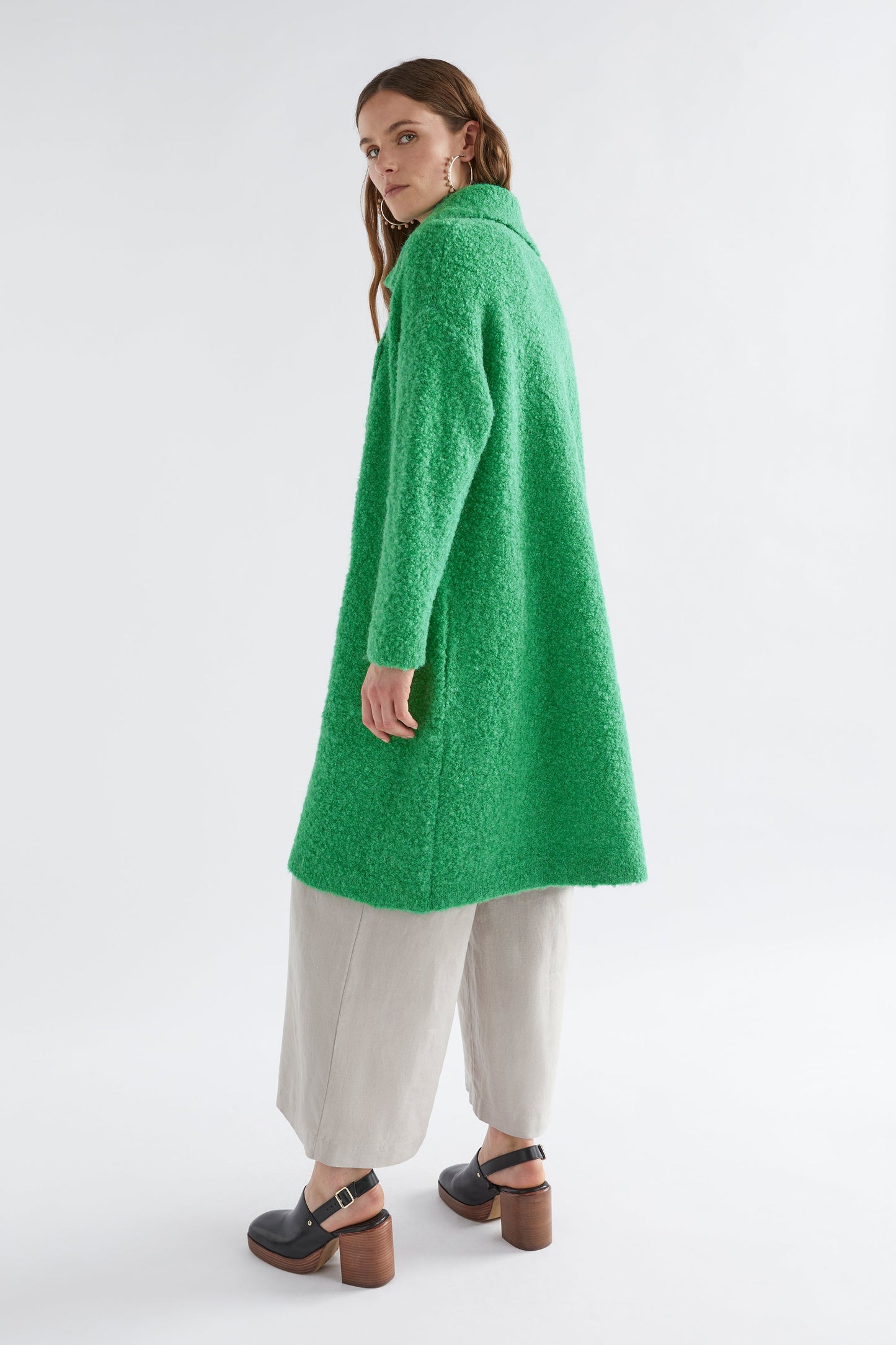 Tukko Wool Alpaca Boucle Double Breasted Coat Cardigan Model Back | IVY GREEN