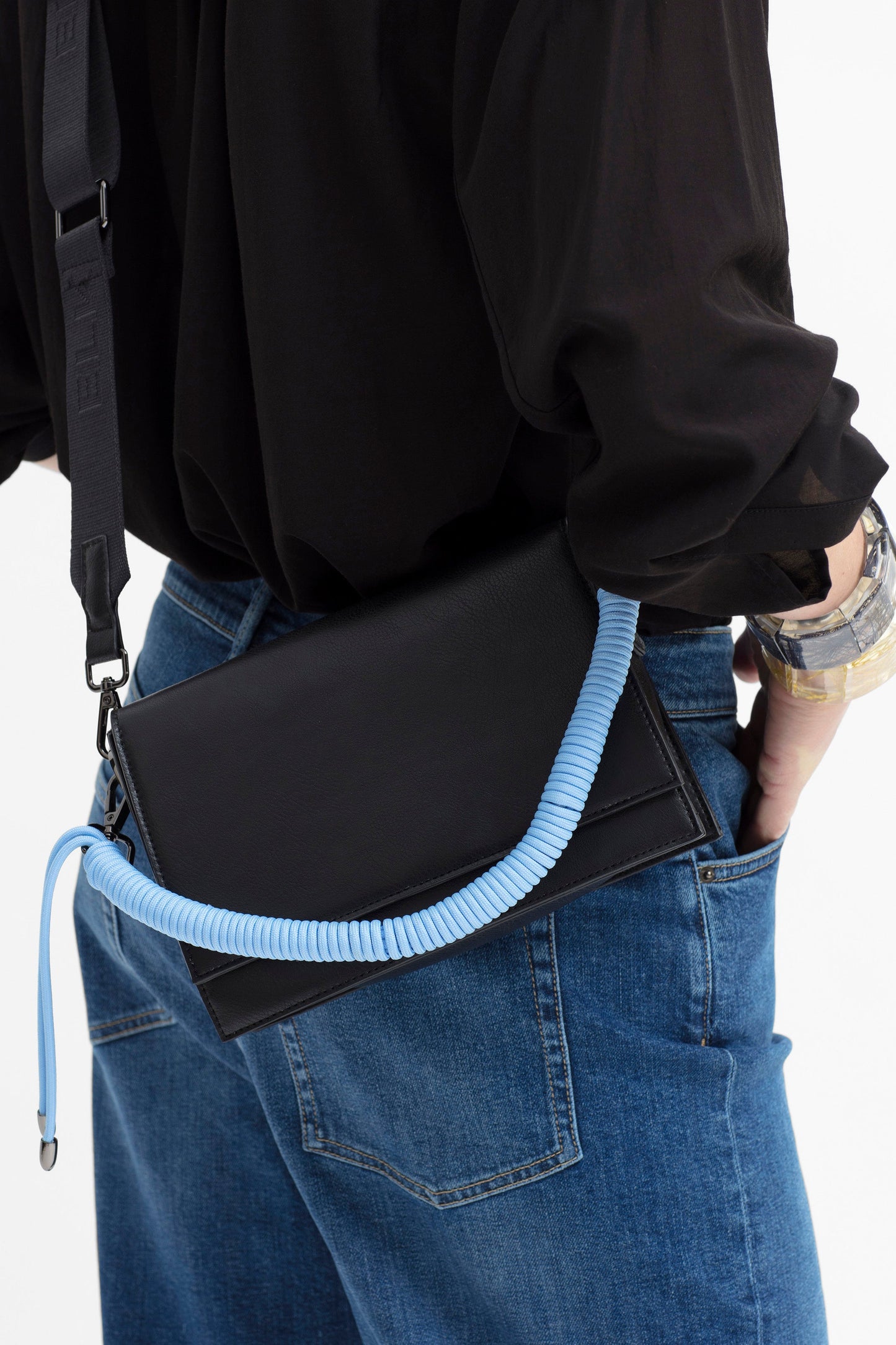 Johto Vegan Leather and Recycled Material Crossbody Handbag Close up BLACK