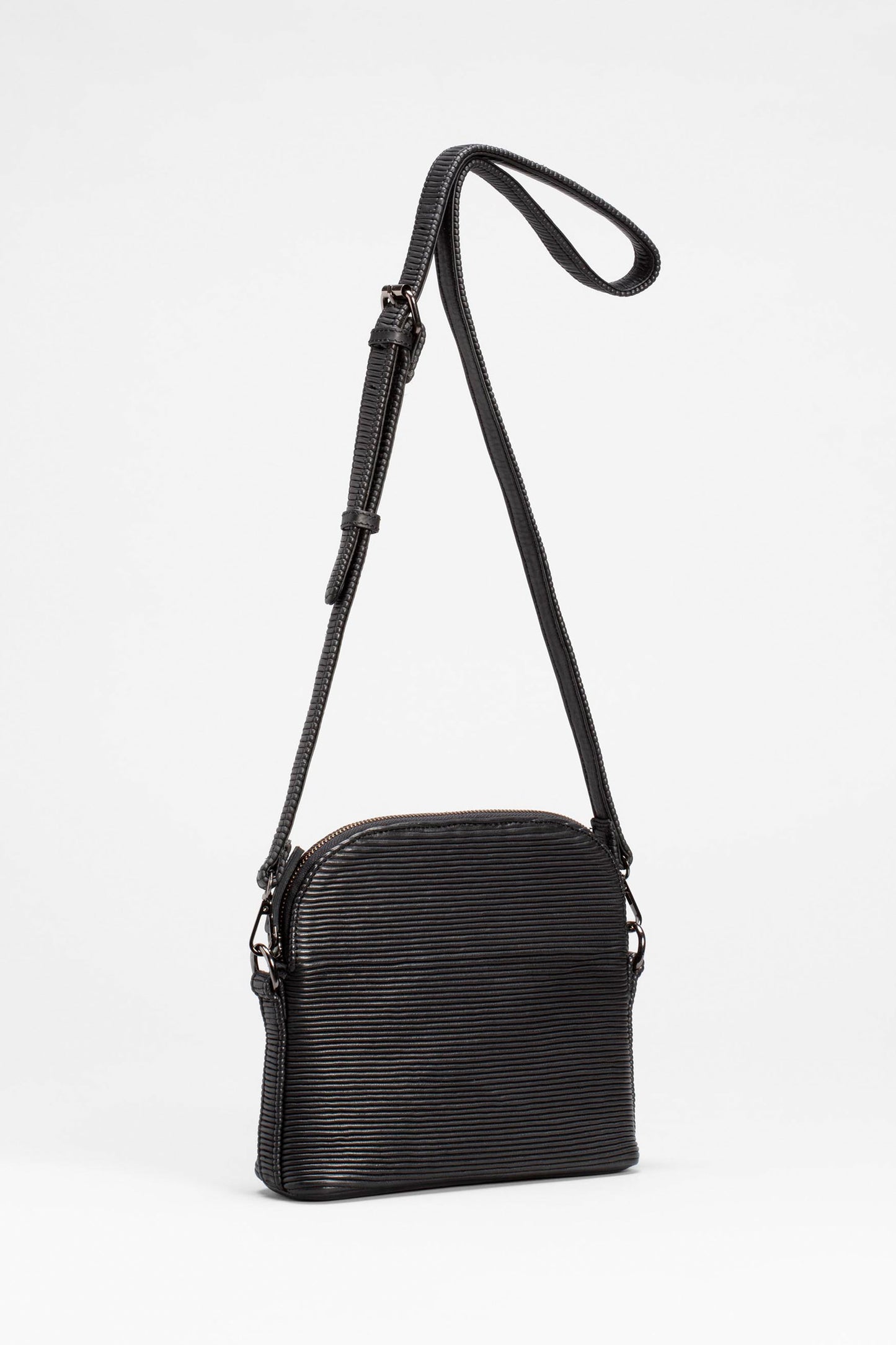 Lisser Ribbed Leather Curved Top Crossbody Bag Front | BLACK