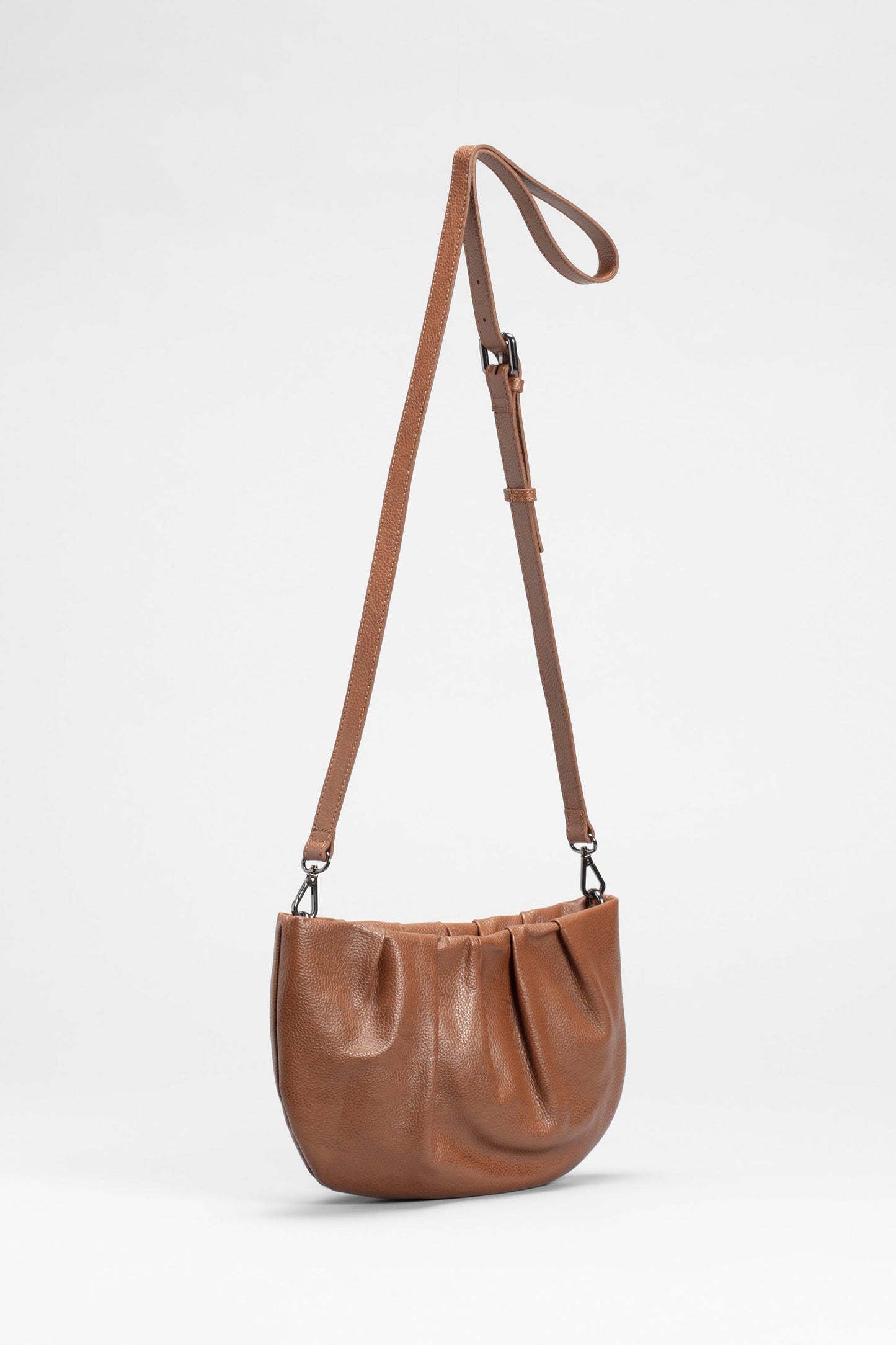 Seret Half Moon Gathered Leather Zip Up Cross Body Bag Front TAN