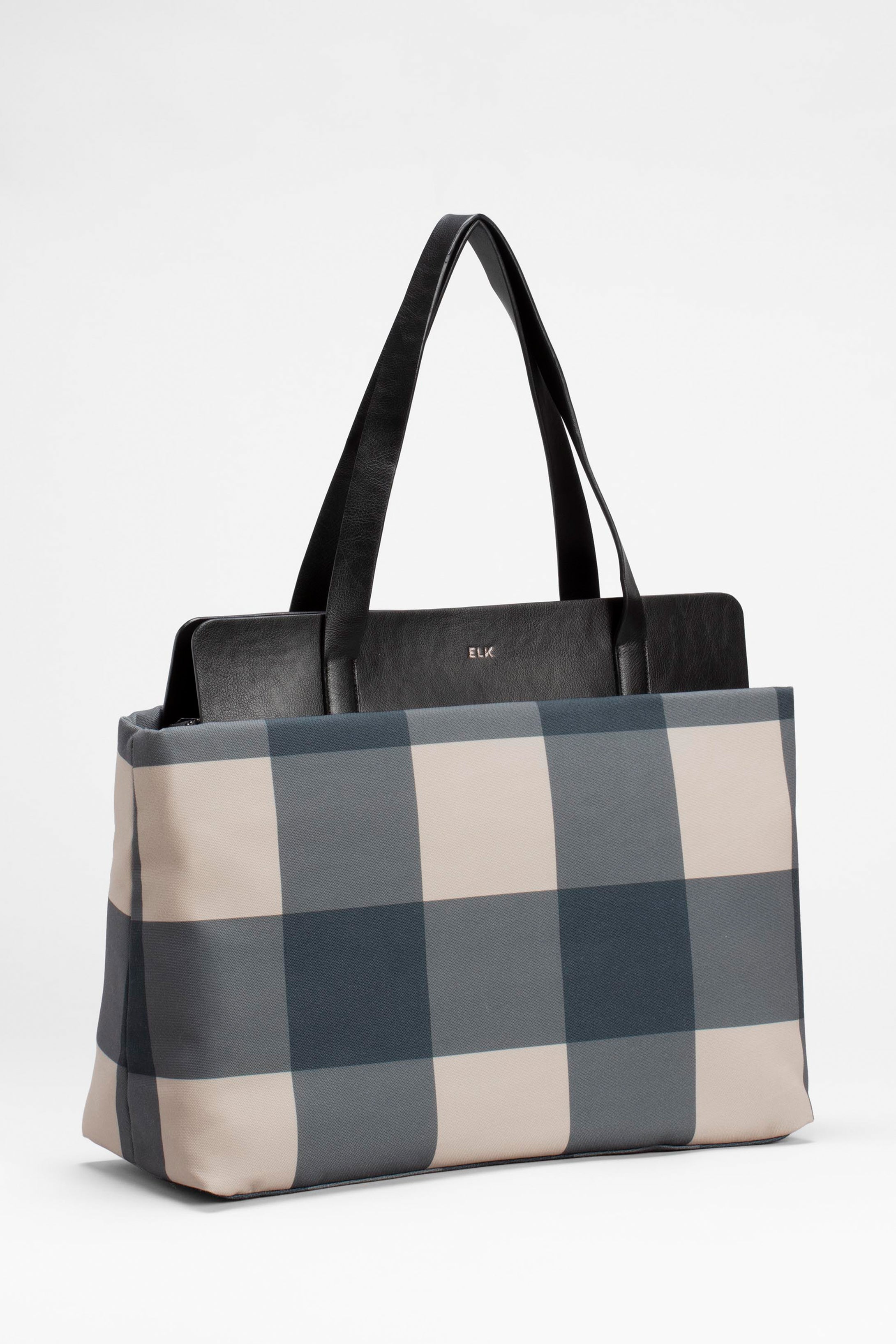 Kilve Recycled Fabric Shopper Front  BLACK CAMEL GINGHAM