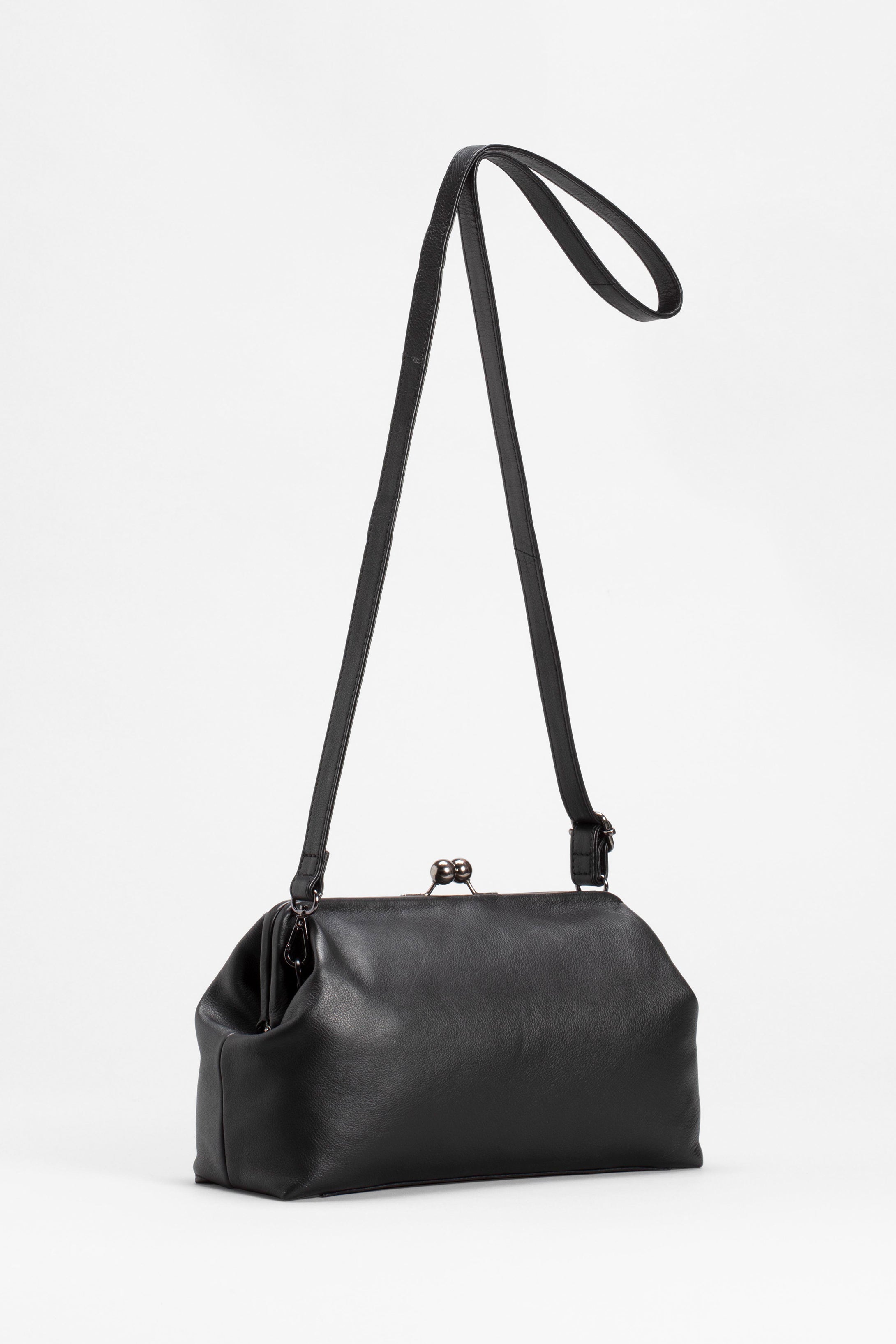 Ulla Vintage Style Clip Frame leather clutch bag with strap front BLACK