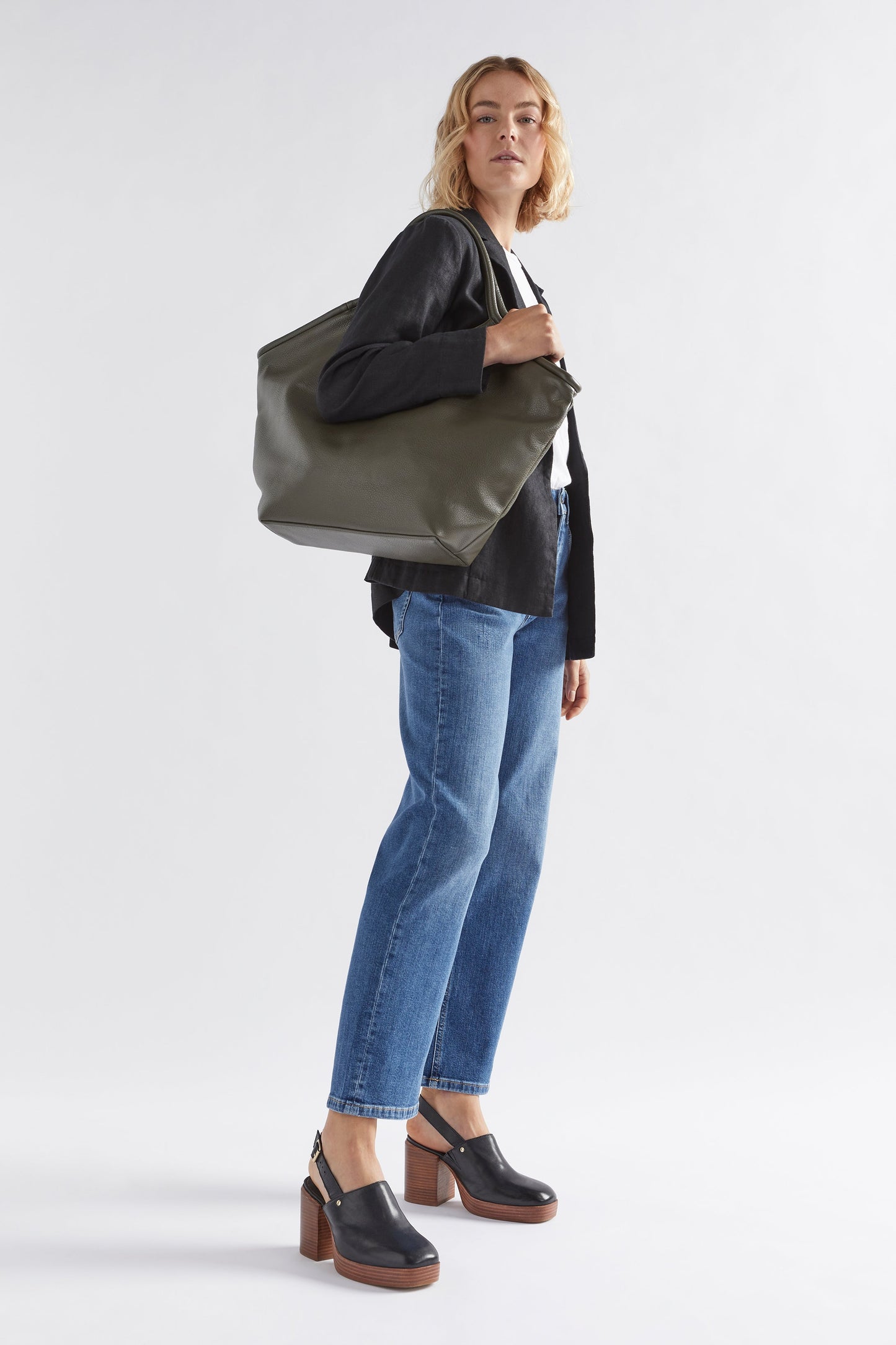 Ivet Recycled Fabric Tote Bag Model Full Body | OLIVE