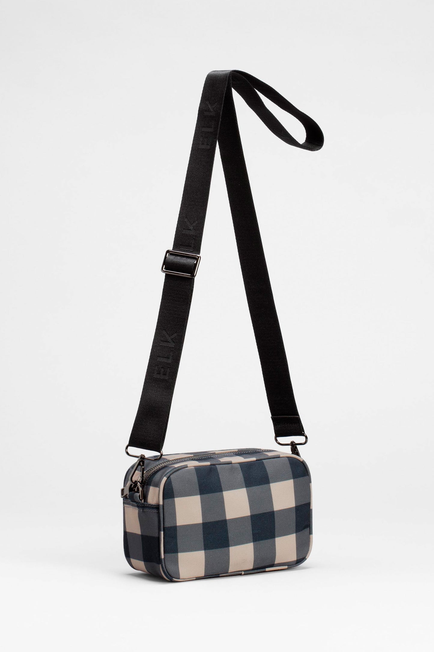 Kassel Recycled Fabric Gingham Print Zip Up Cross Body Bag Front | BLACK CAMEL GINGHAM