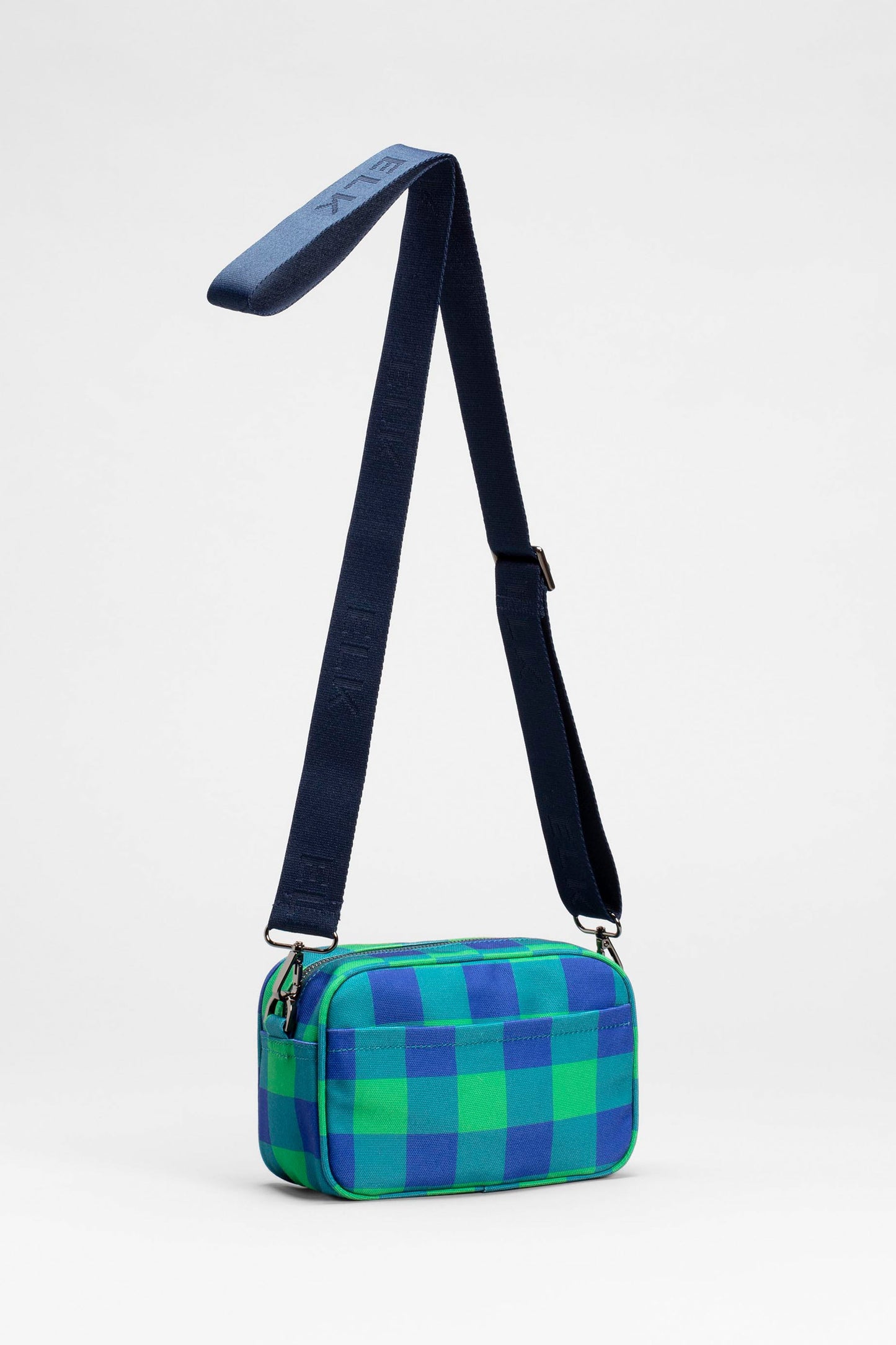 Kassel Recycled Fabric Gingham Print Zip Up Cross Body Bag Back | ELECTRIC BLUE GREEN GINGHAM