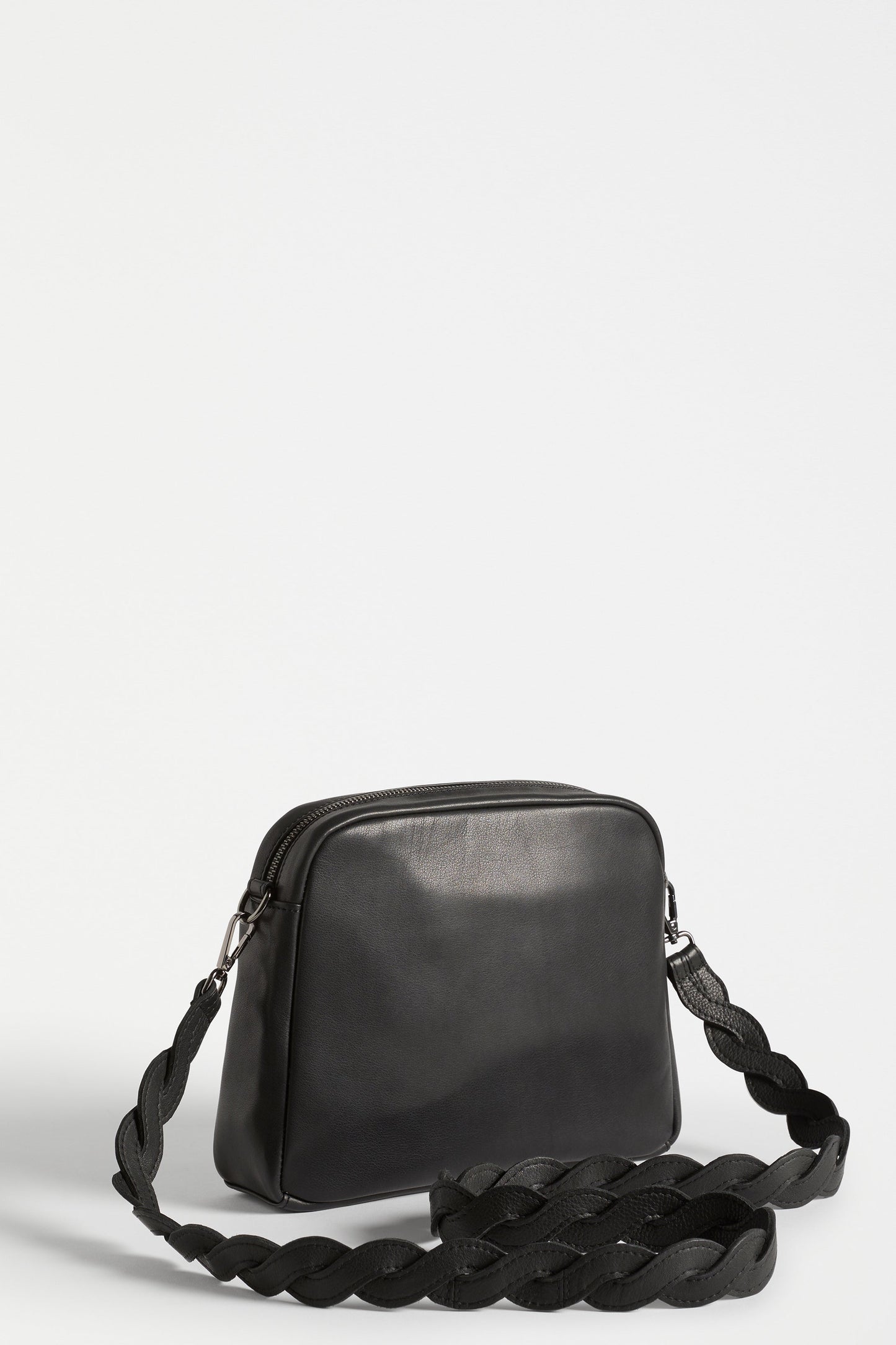 Arna Medium Sized Leather Cross Body Bag with Braided Detachable Strap Back | BLACK