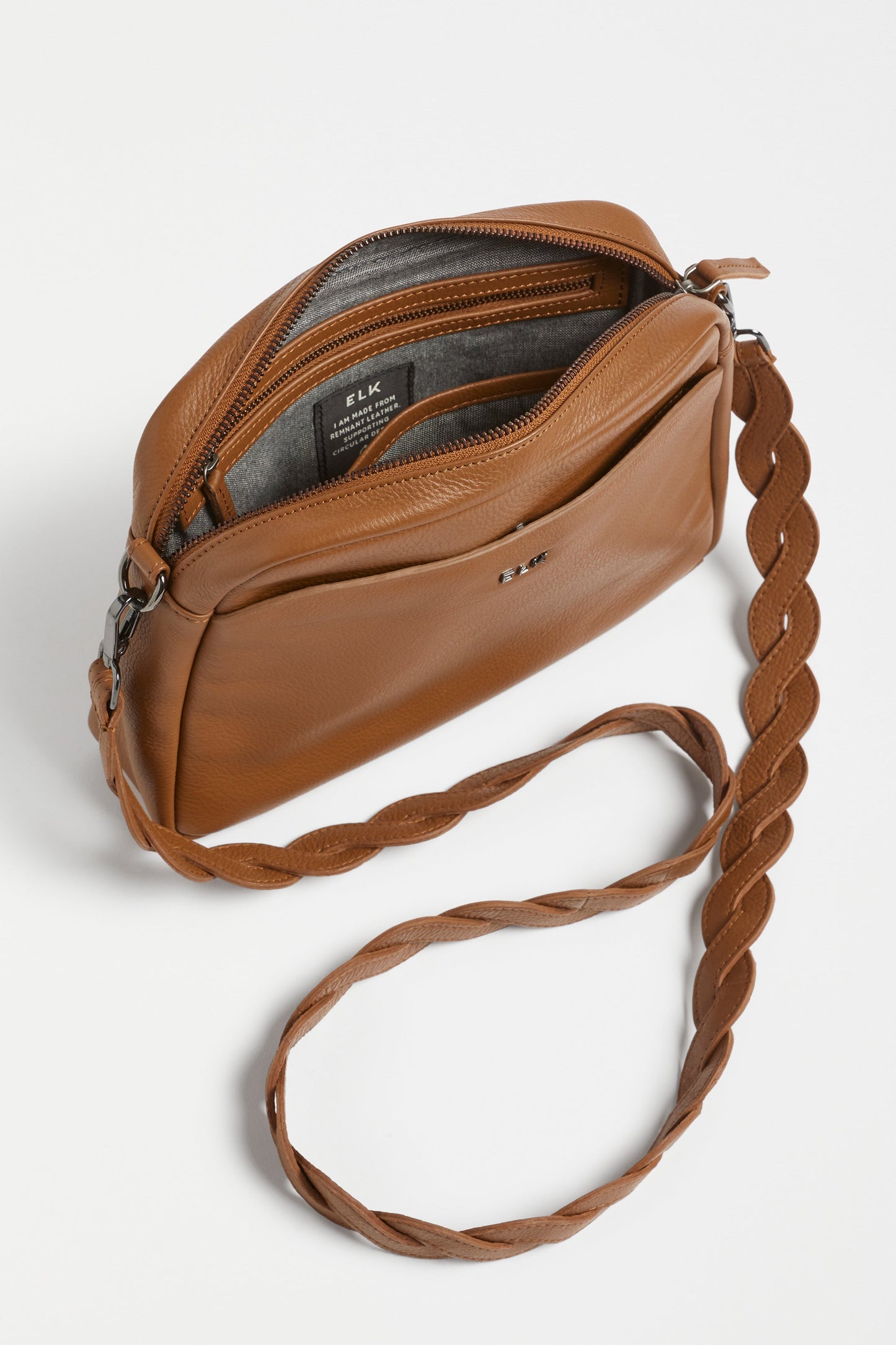 Arna Medium Sized Leather Cross Body Bag with Braided Detachable Strap Internal | TAN