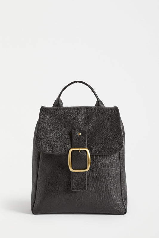 Fenn Leather Back Pack With Flap and Large Gold Buckle Front | BLACK