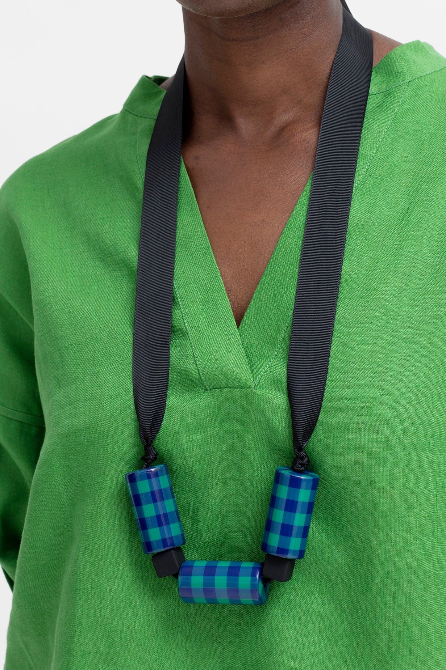 Sava Chunky Statement Gingham Print Bead Tie Up Ribbon Necklace Model Crop BLUE GREEN GINGHAM