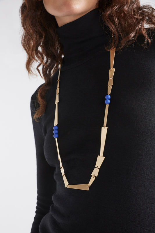 Ator Asymmetric Brushed Metal Plate and Bead Long Necklace Model | GOLD
