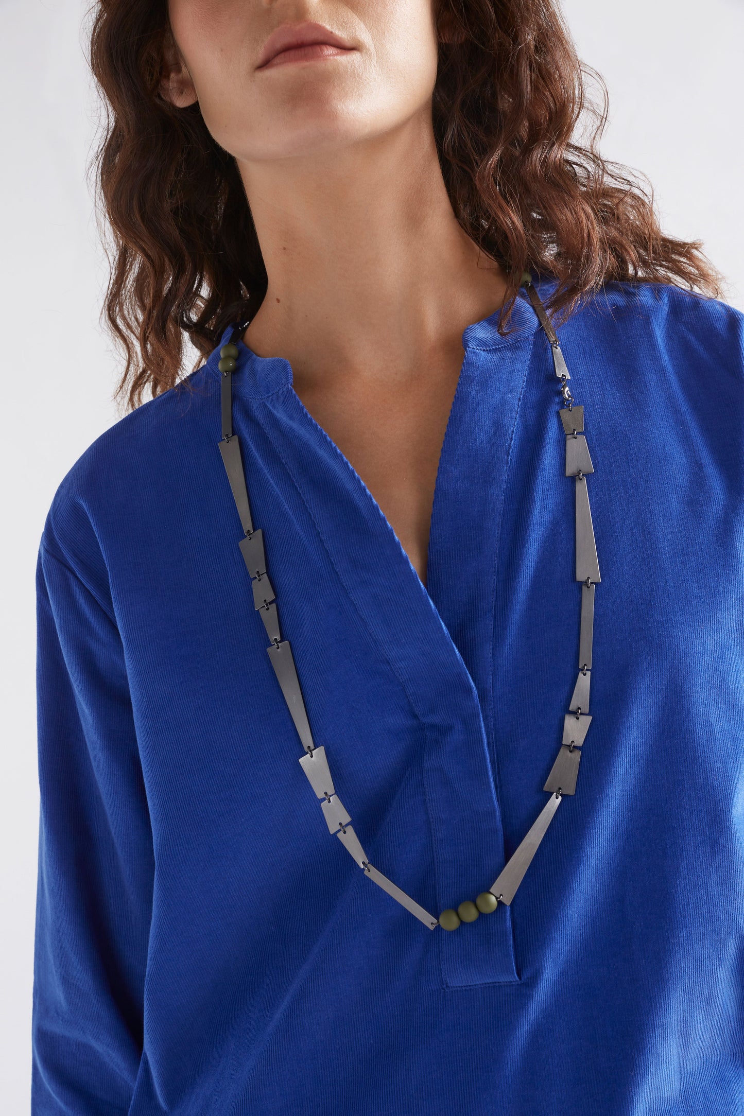 Ator Asymmetric Brushed Metal Plate and Bead Long Necklace | GUNMETAL