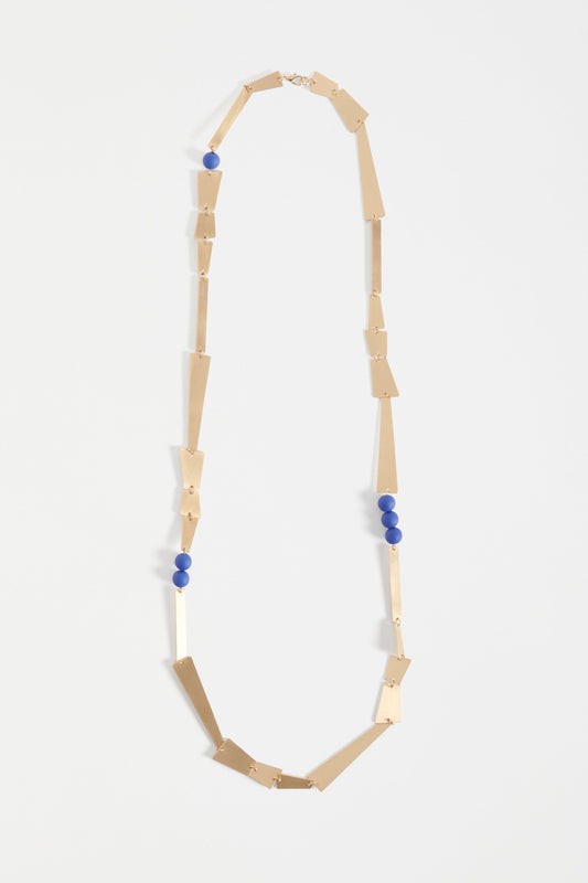Ator Asymmetric Brushed Metal Plate and Bead Long Necklace | GOLD
