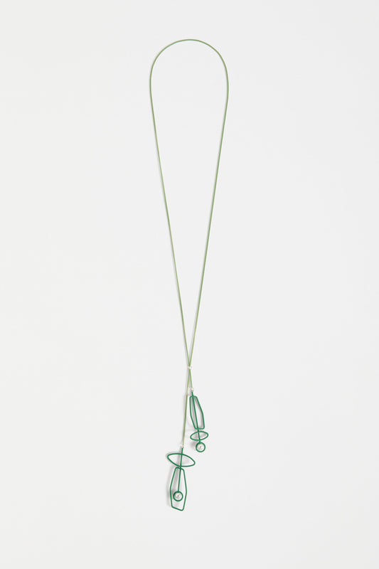 Silma Long Chain Necklace with Geometric Wire and Pearl Pendant ALOE GREEN