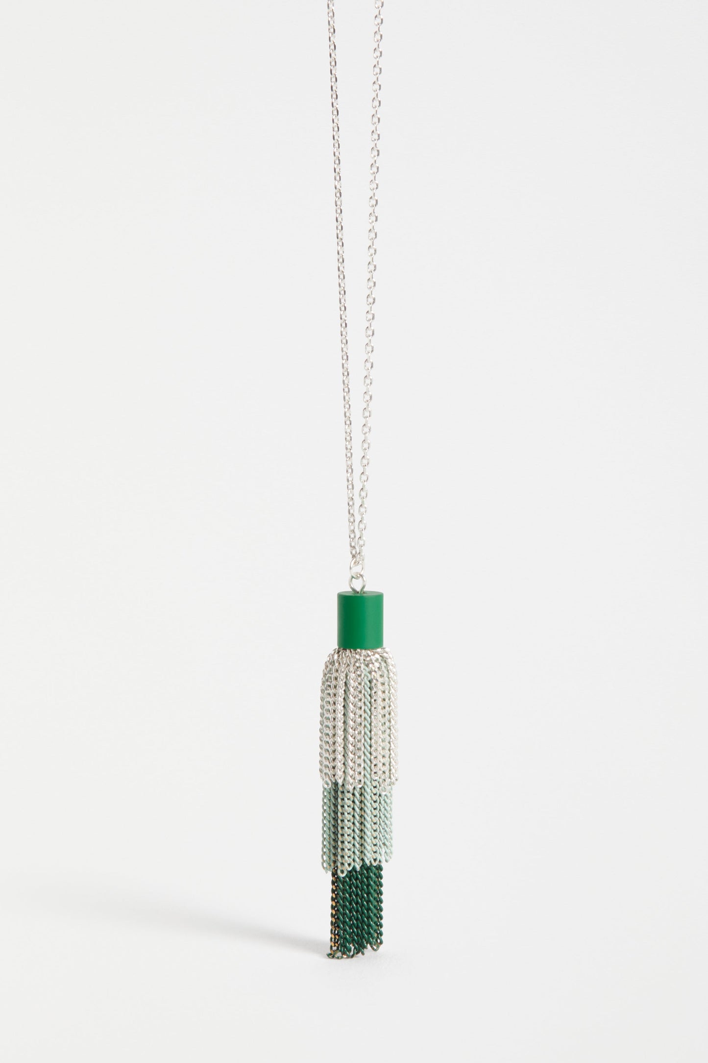 Frin Long Chain Fine Tassel Pendant Necklace Close Up | ALOE GREEN