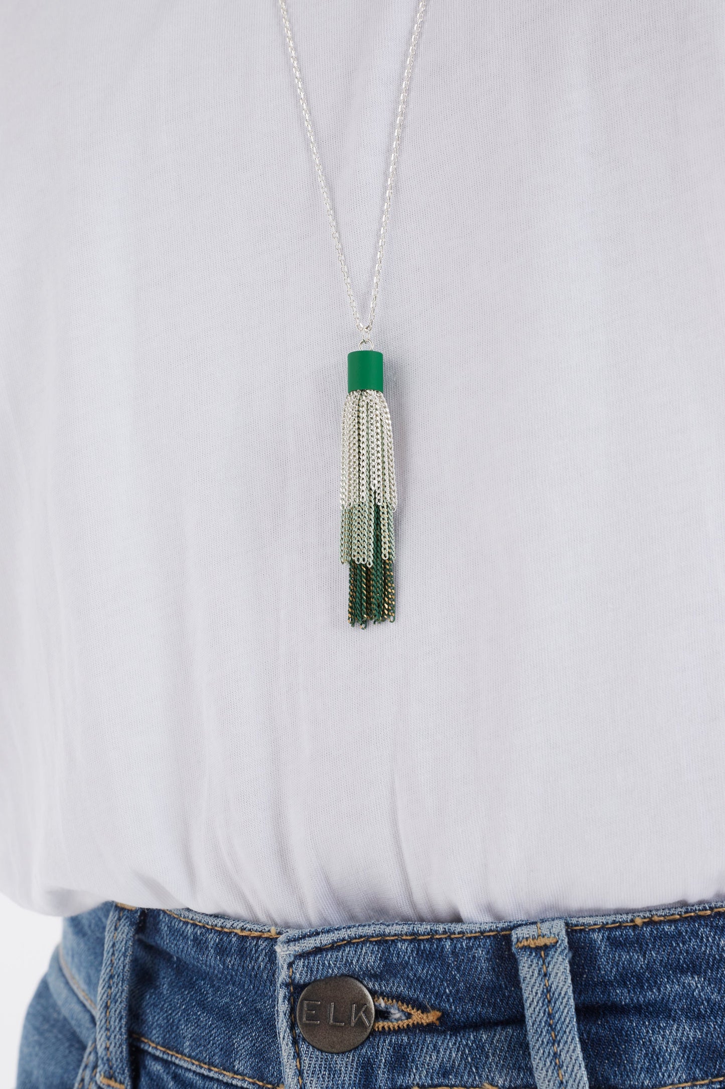 Frin Long Chain Fine Tassel Pendant Necklace Close on Model | ALOE GREEN