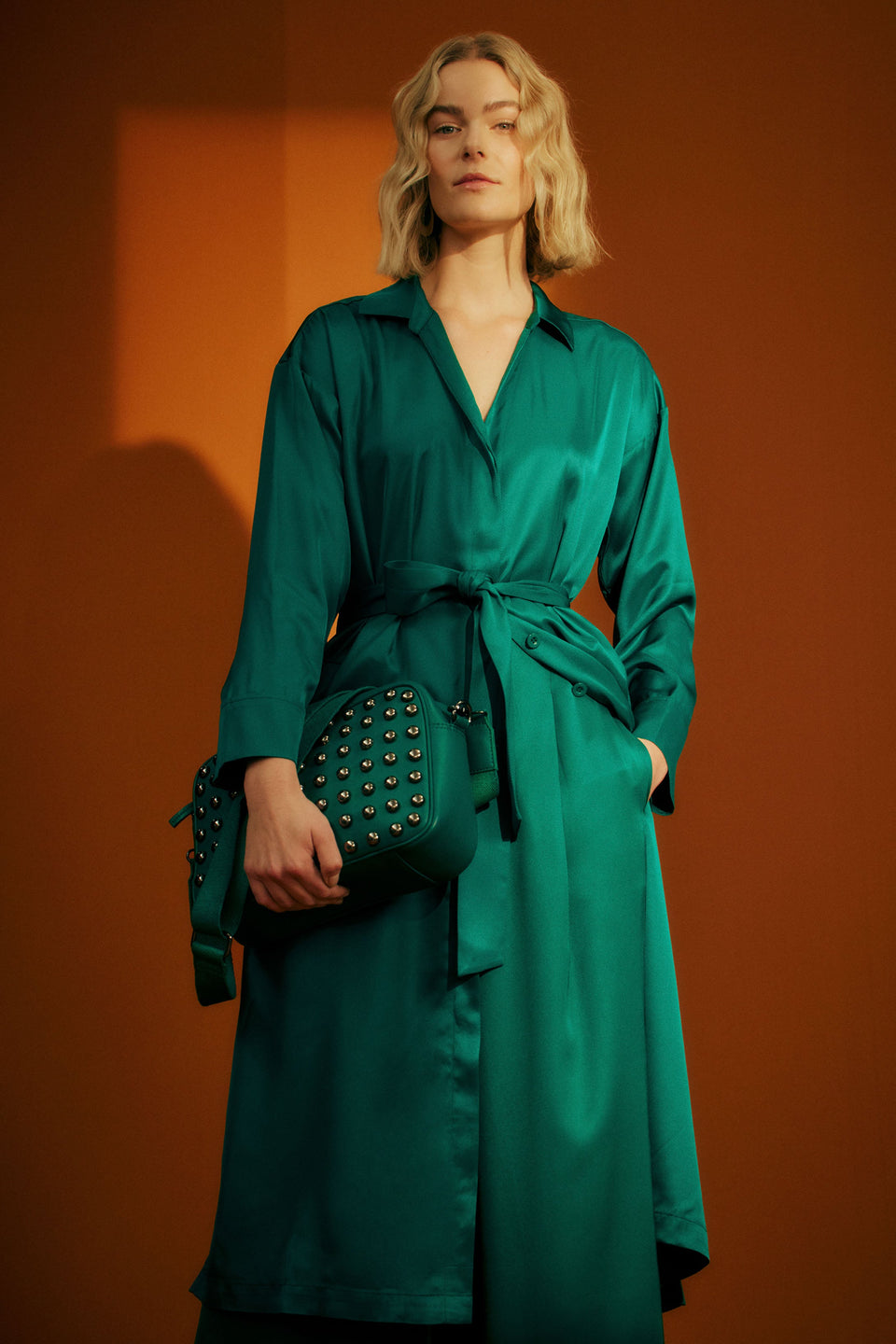 Vail Long Sleeve Shirt Dress Campaign Model Front | JEWEL GREEN