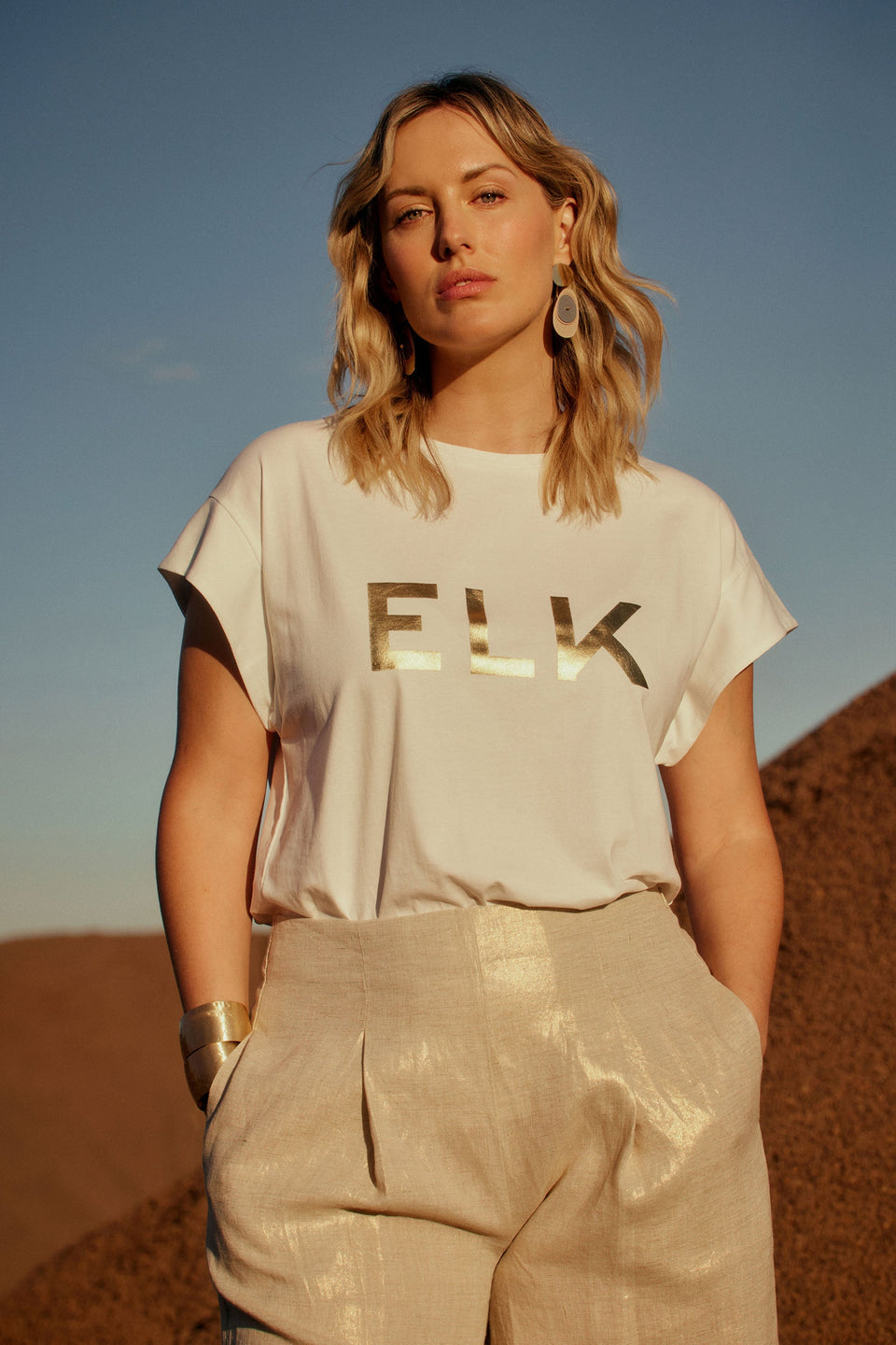 Lange ELK Gold Foil Logo Tee campaign Model Front | GOLD