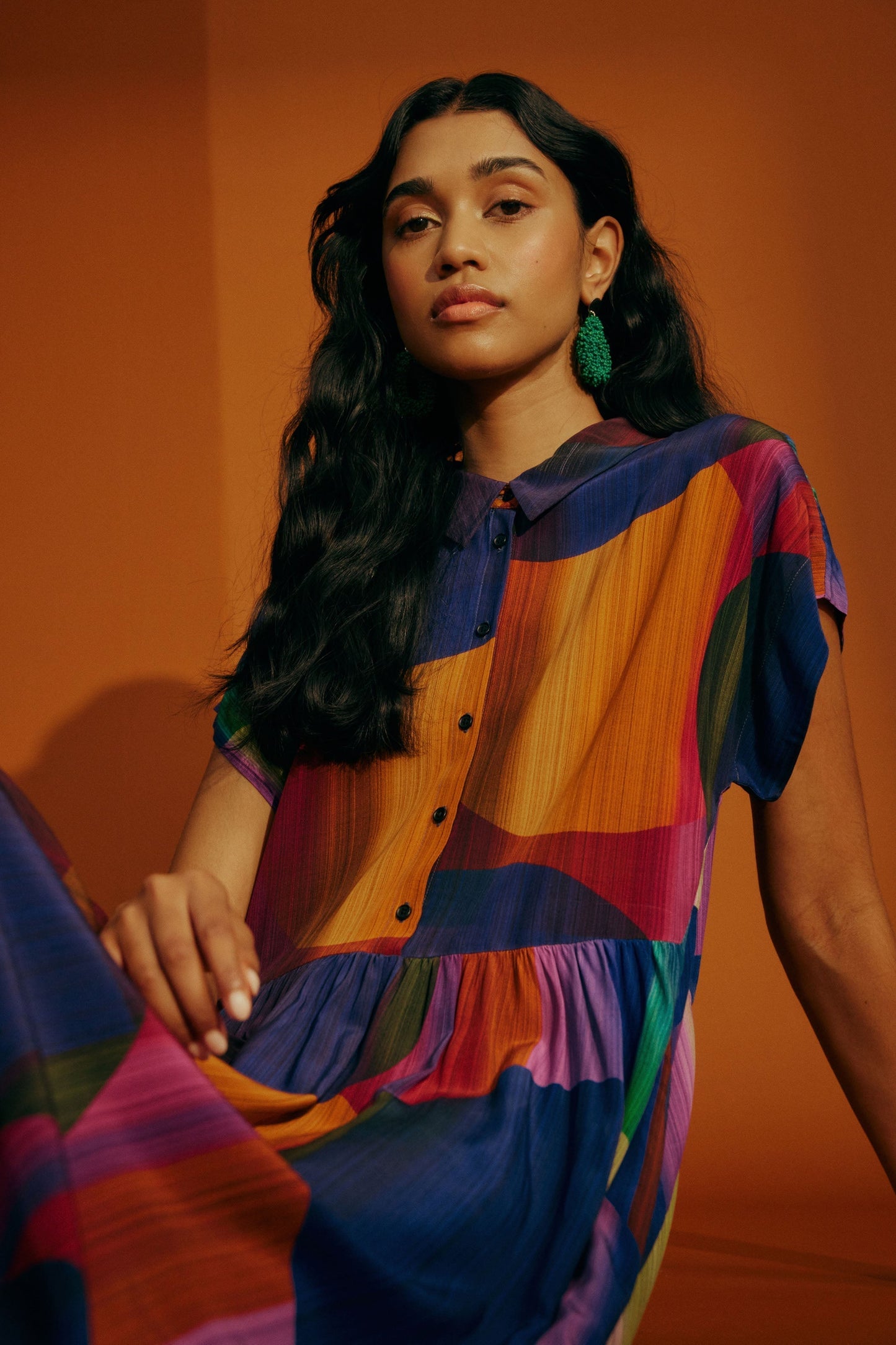 Berg Midi Print Shirt Dress Model campaign crop Front | PRISM PRINT
