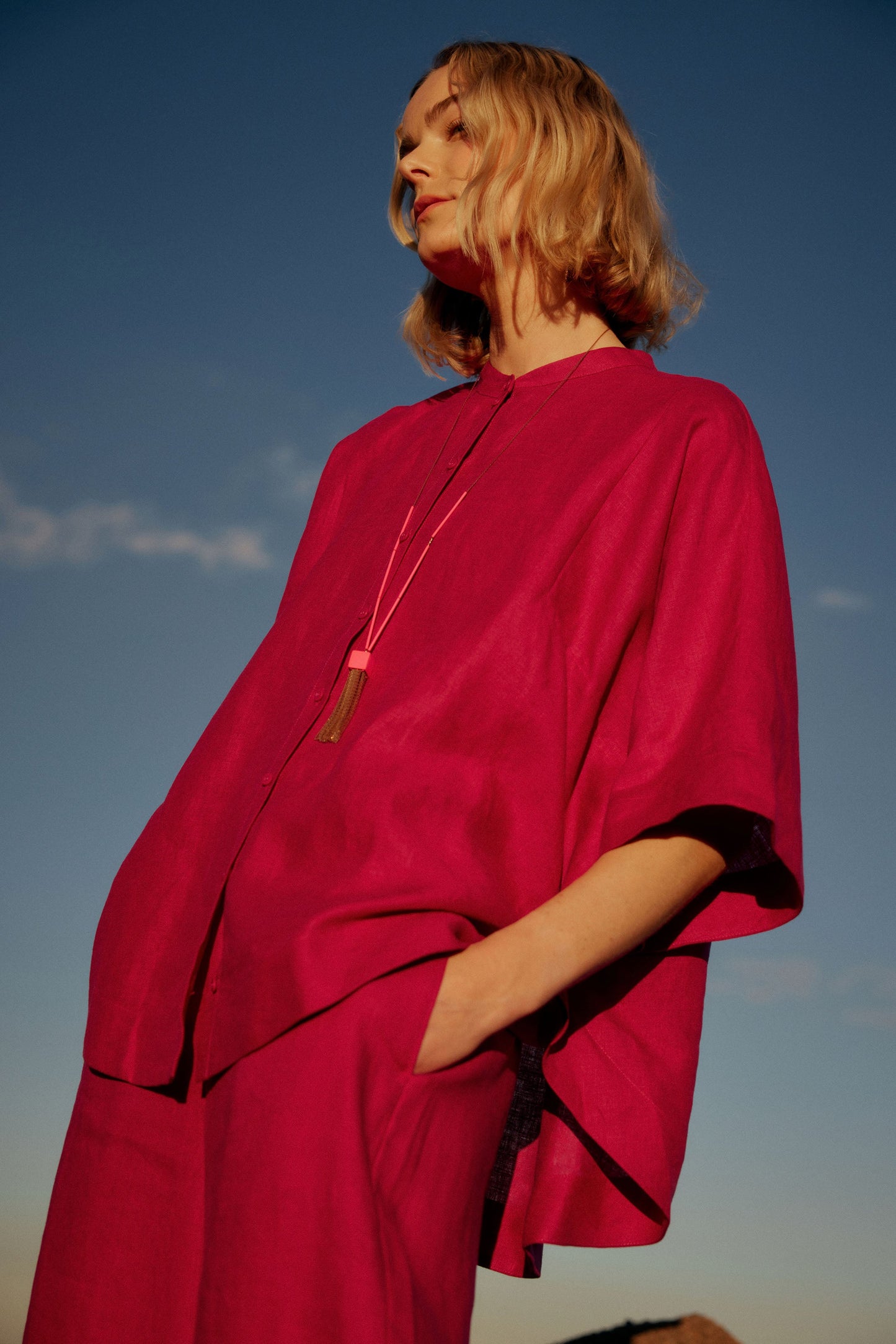 Elev Linen Cape-style Shirt Model Campaign | BRIGHT PINK