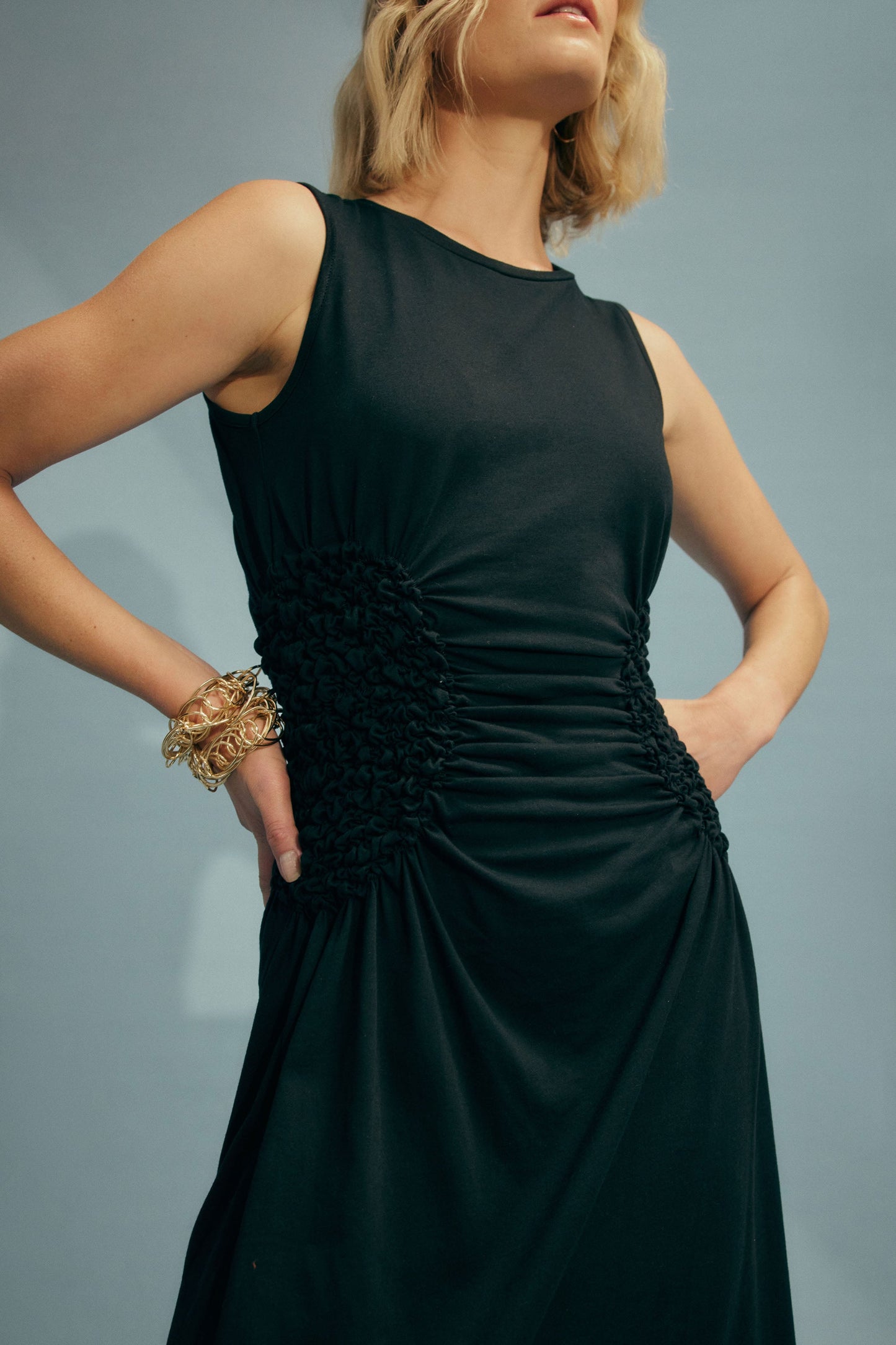 Webb Organic Cotton Jersey Shirred Detail Sleeveless Midi Dress Model Campaign | BLACK