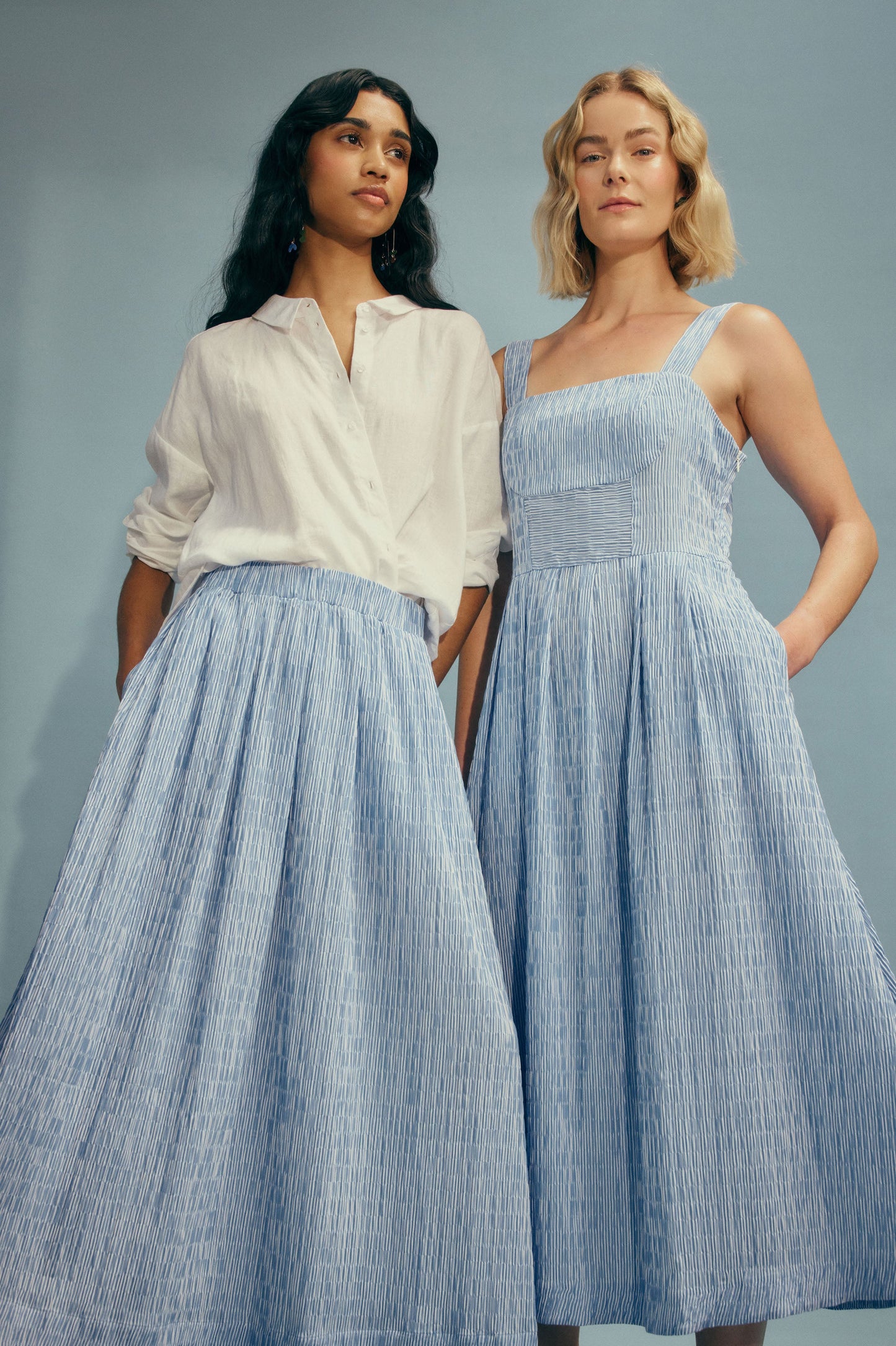 Bekk Seersucker Print Tank Dress Model campaign | BLUE WHITE STRIPE