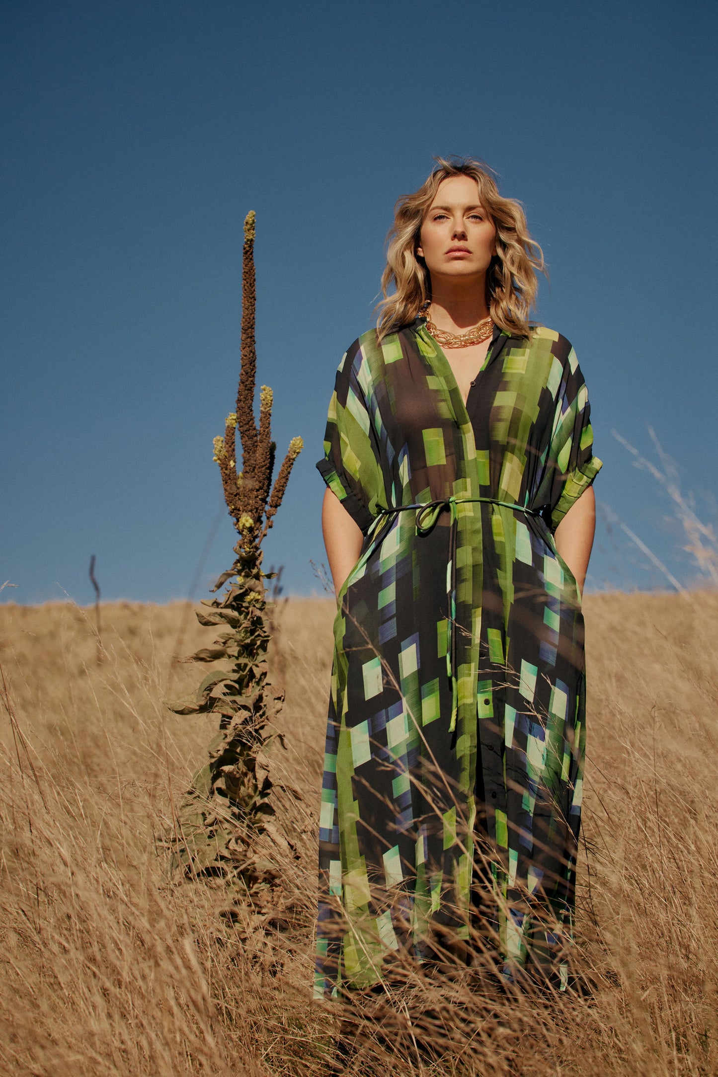 Indi Sheer Collarless Midi Shirt Dress Model Campaign | GREEN SHUTTER GRID
