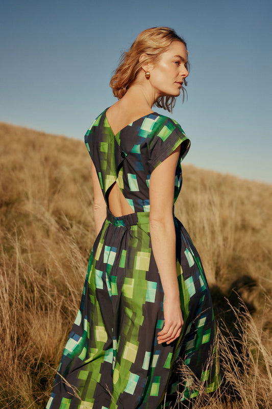 Indi Cap Sleeve Waisted Midi Dress Model Campaign | GREEN SHUTTER GRID