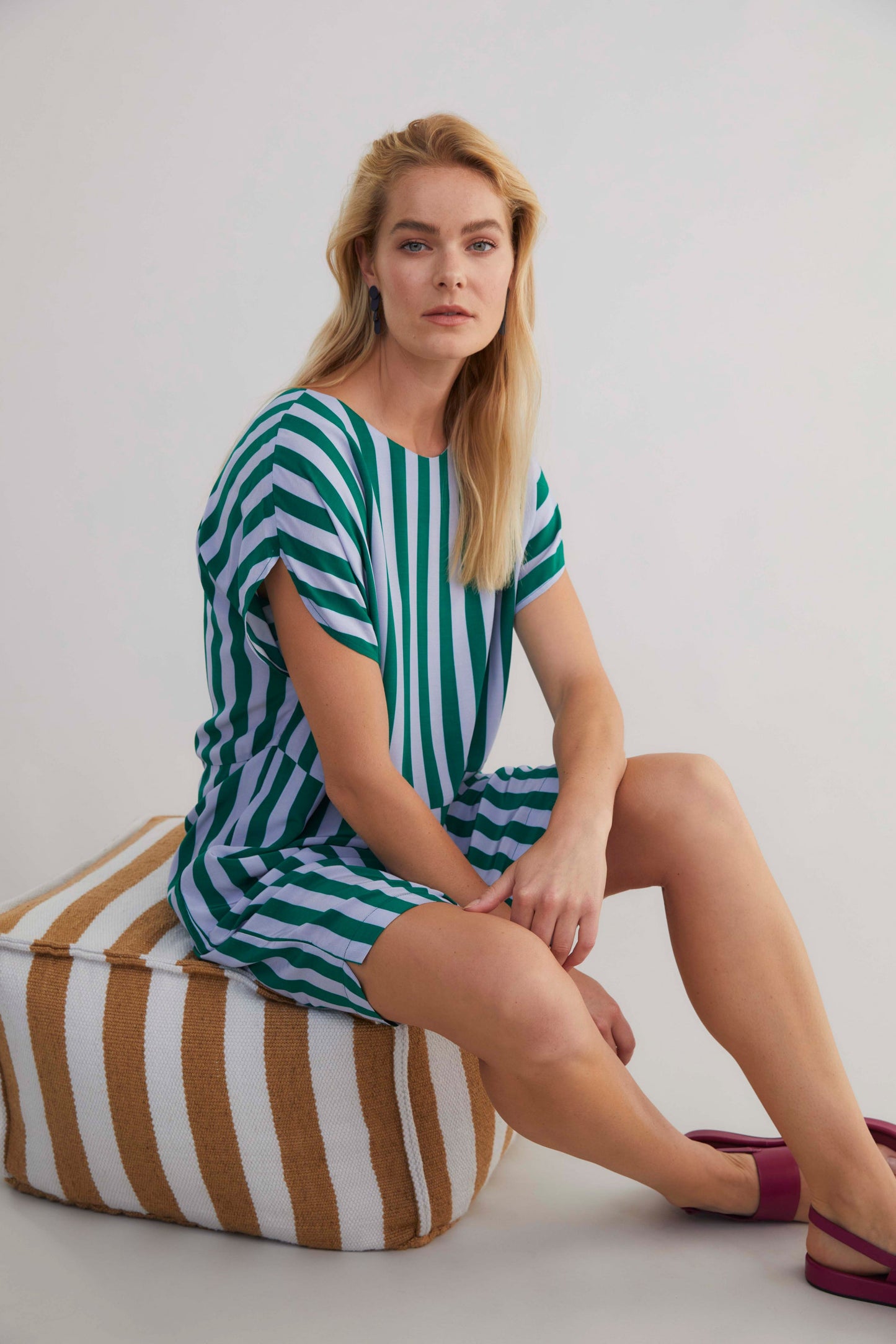 Maika Striped Silky Sustainable Viscose Short Shift Dress Model Studio 2 | LAVENDER CEDAR GREEN STRIPE