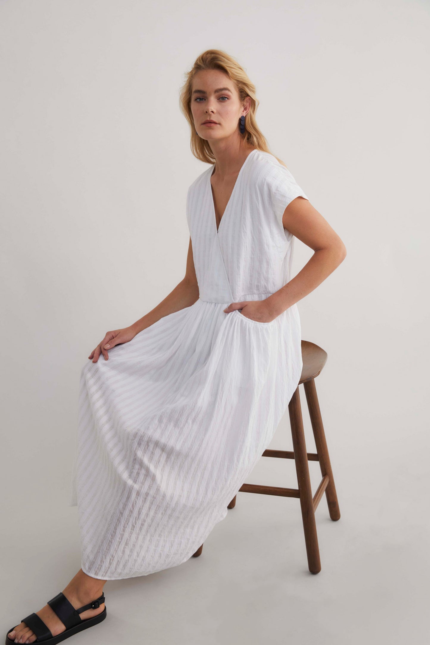 Ond Organic Cotton and Viscose Stripe V Neck Day Dress Model Campaign | WHITE